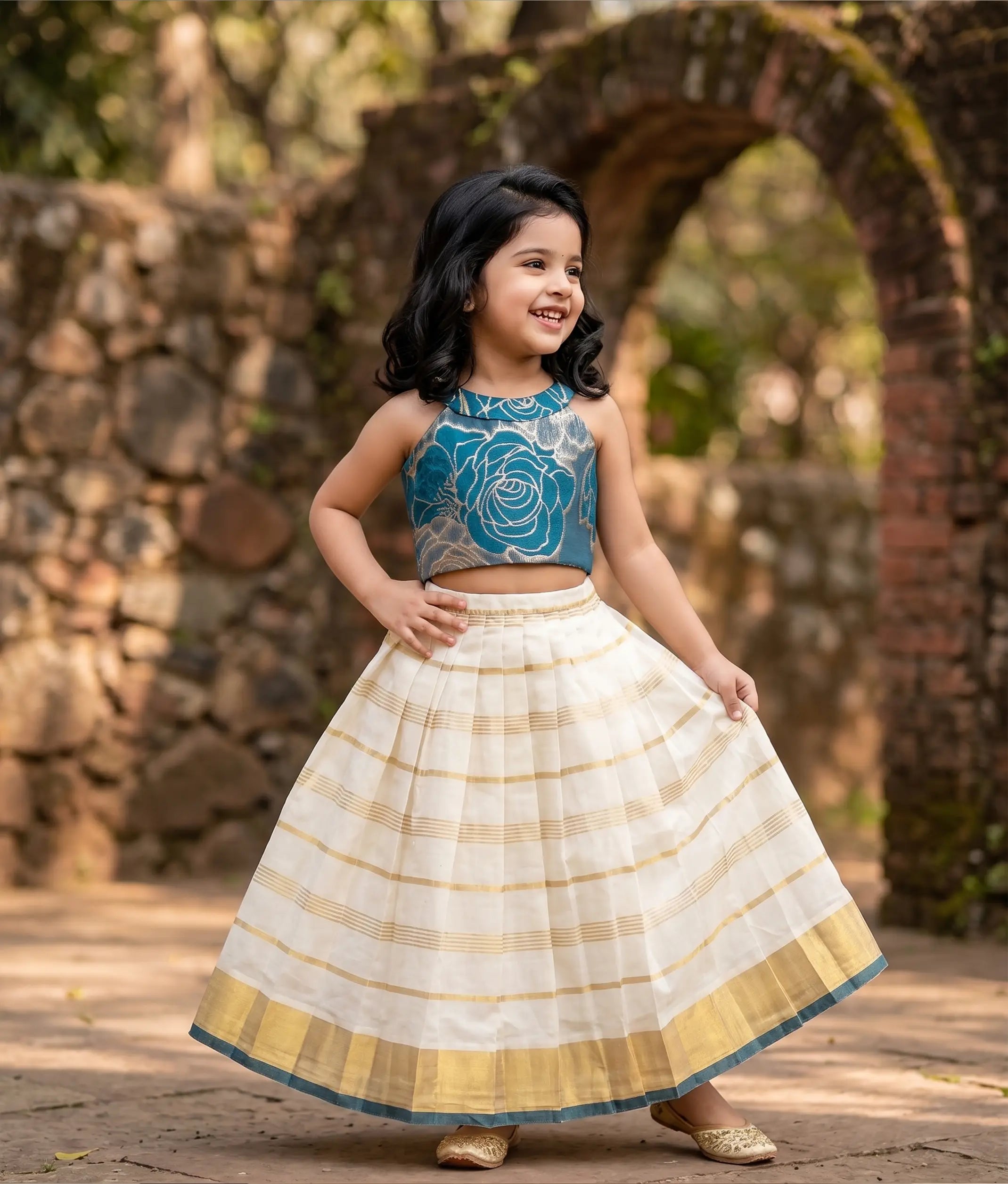 Teal Blue Turkish Organza Top With Kasavu Skirt for Baby Girl [6391]