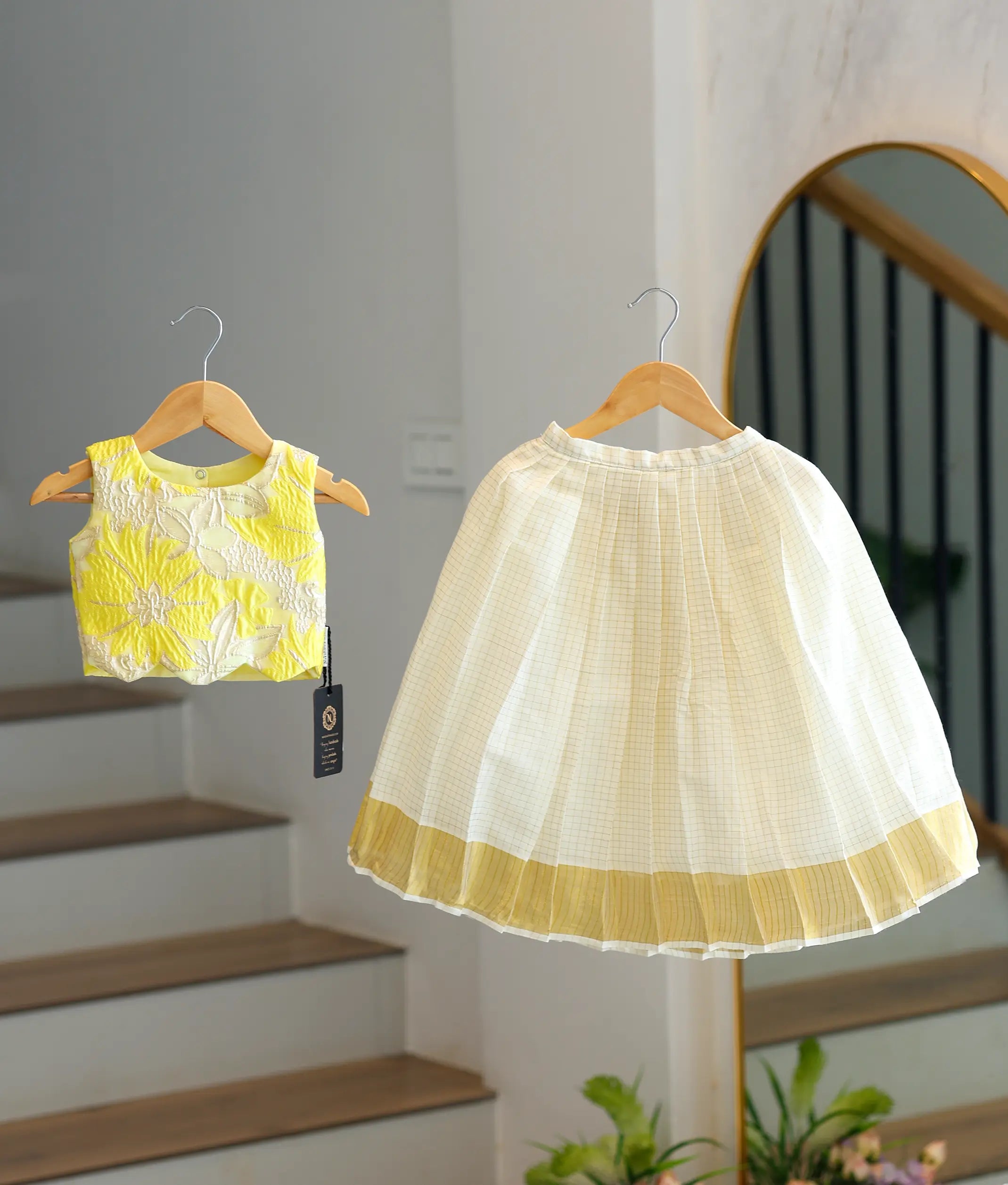Lemon Yellow Turkish Organza Top With Kasavu Skirt for Baby Girl [6392]