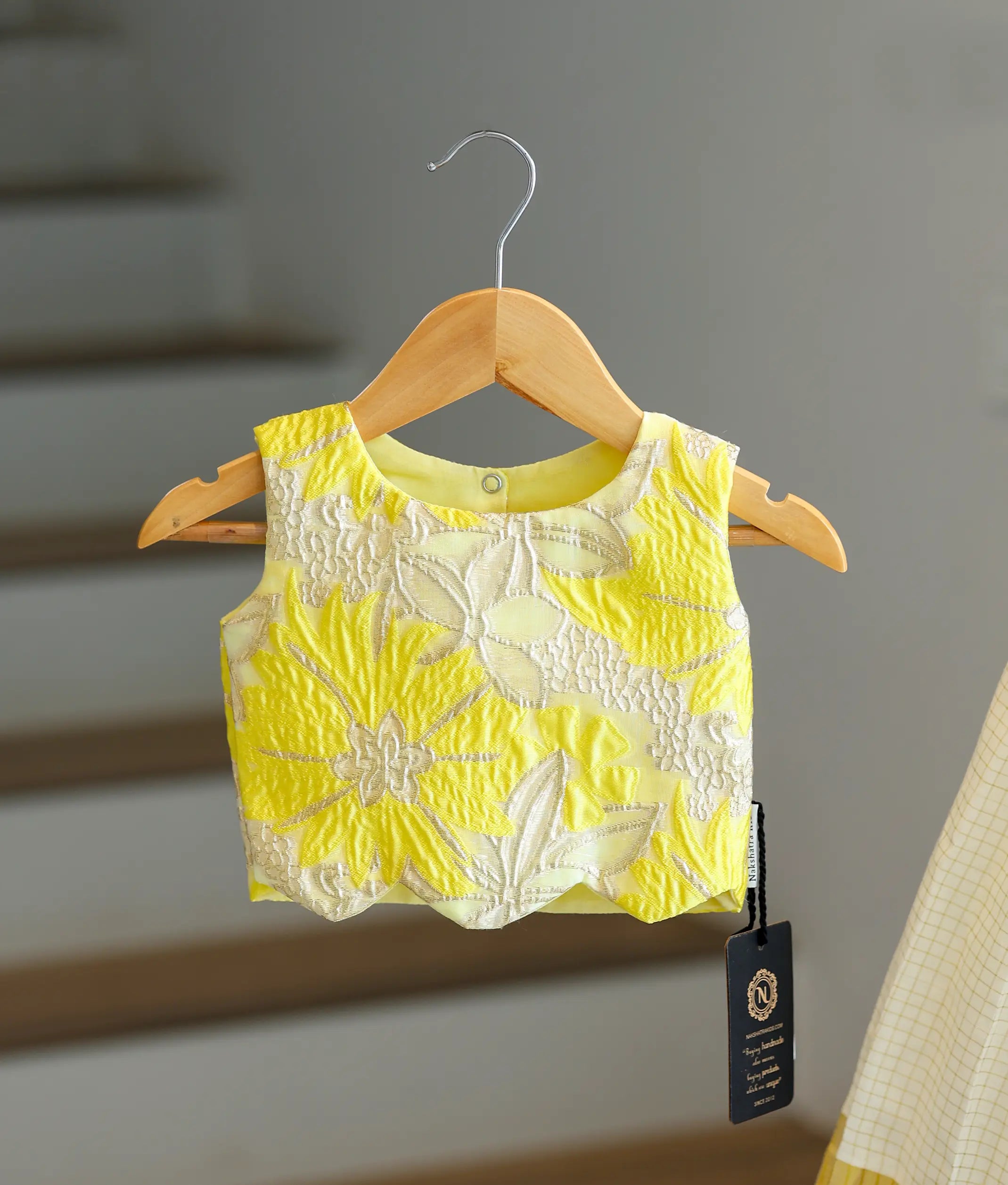 Lemon Yellow Turkish Organza Top With Kasavu Skirt for Baby Girl [6392]