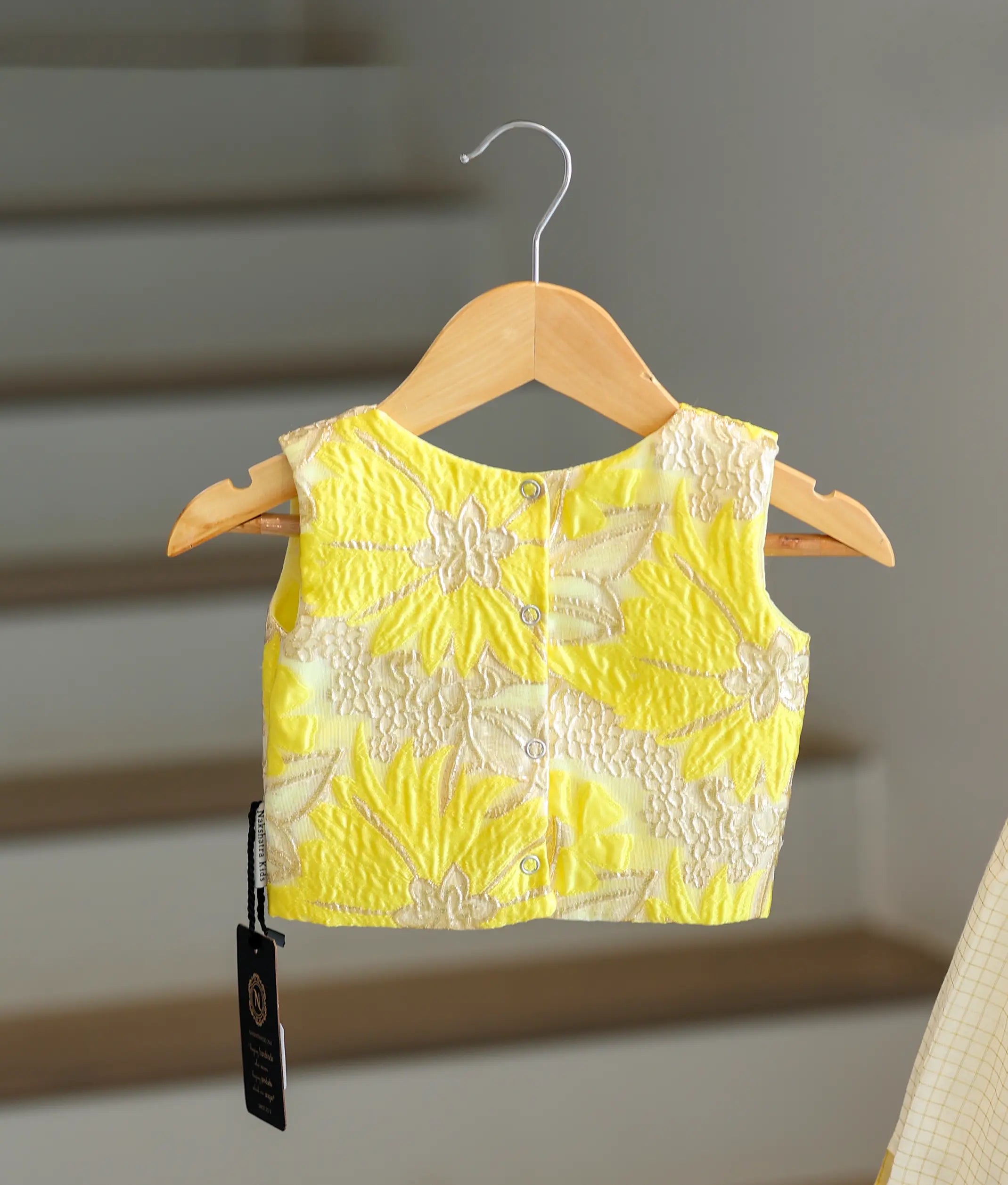 Lemon Yellow Turkish Organza Top With Kasavu Skirt for Baby Girl [6392]