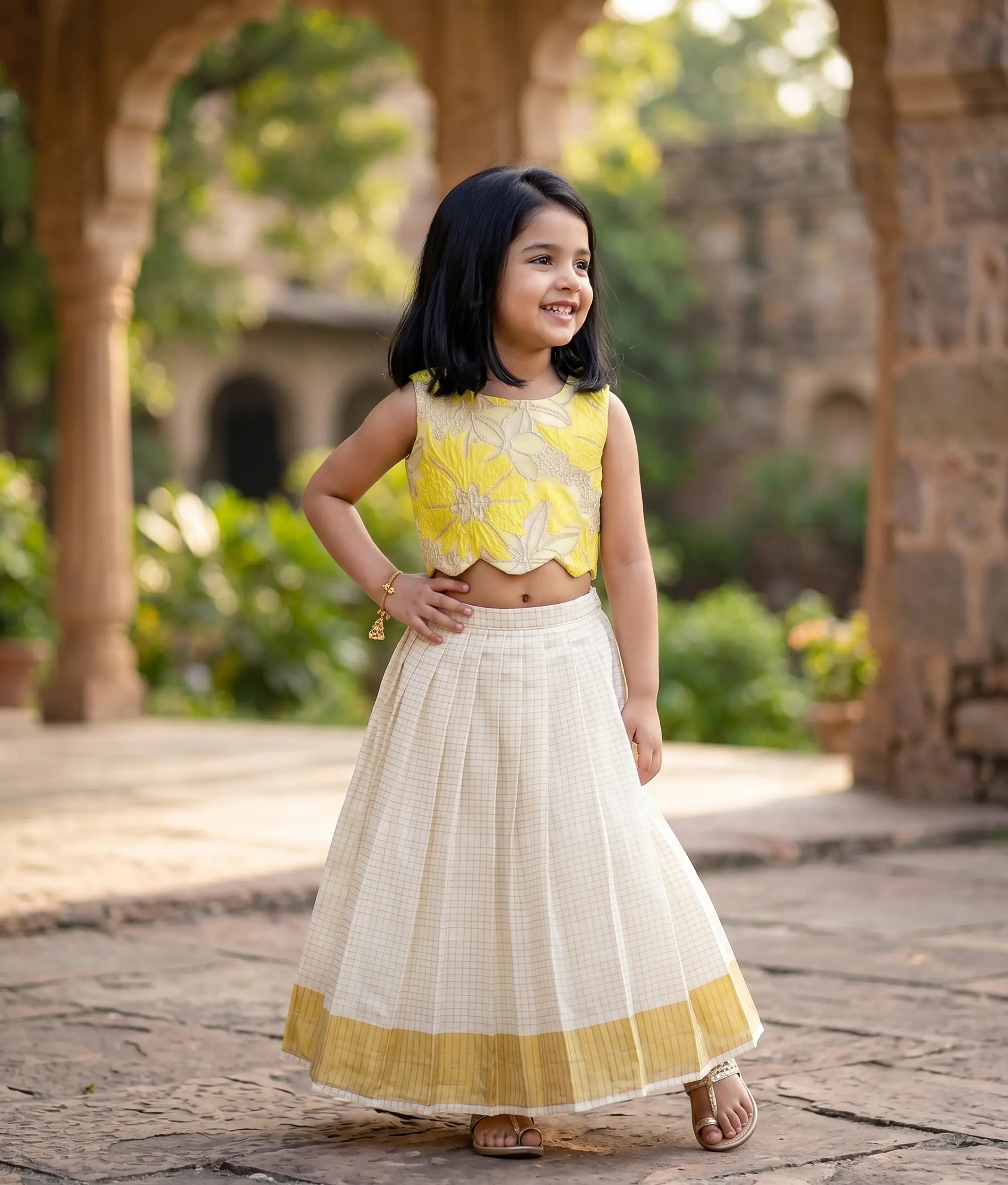 Lemon Yellow Turkish Organza Top With Kasavu Skirt for Baby Girl [6392]