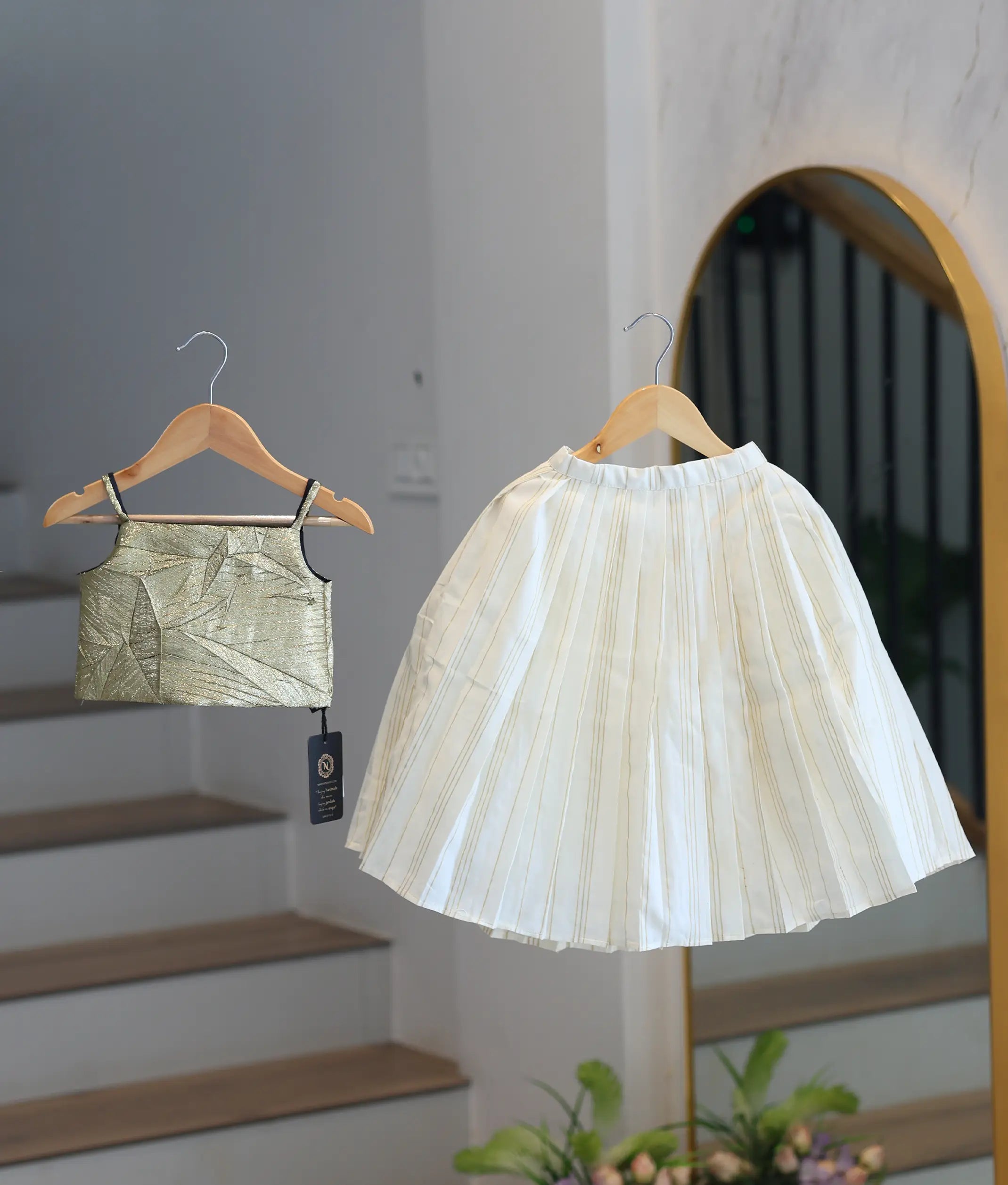 Gold Turkish Organza Top With Kasavu Skirt for Baby Girl [6393]