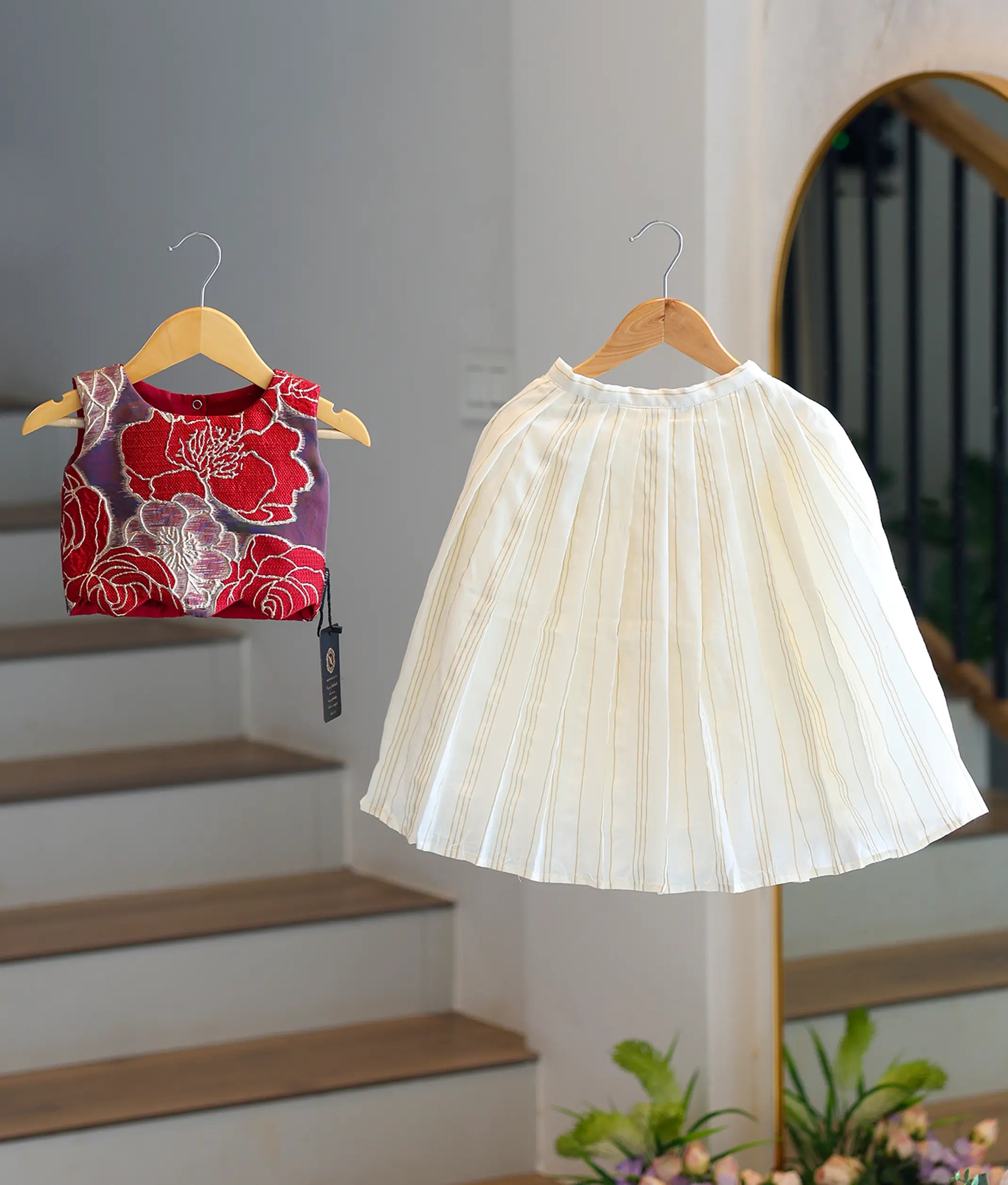Red Turkish Organza Top With Kasavu Skirt for Baby Girl [6394]