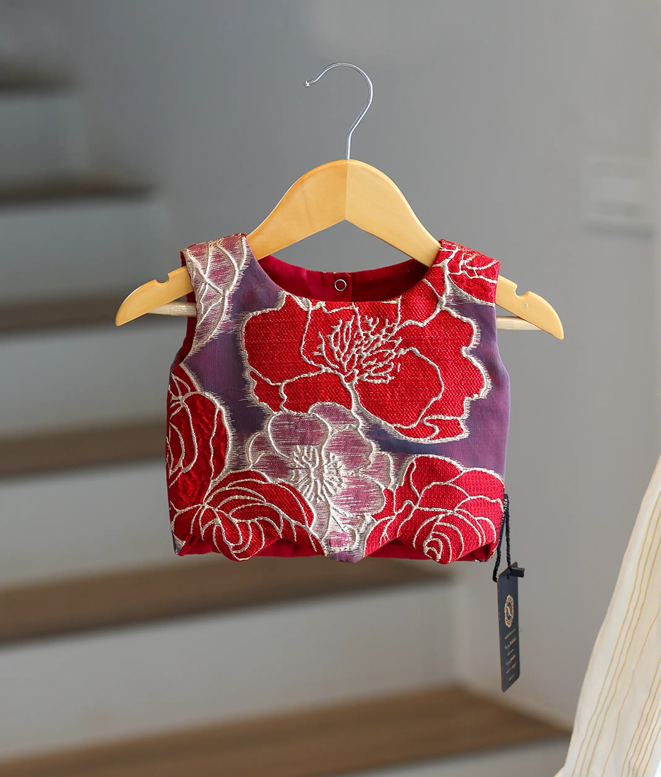 Red Turkish Organza Top With Kasavu Skirt for Baby Girl [6394]
