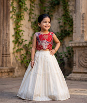 Red Turkish Organza Top With Kasavu Skirt for Baby Girl [6394]