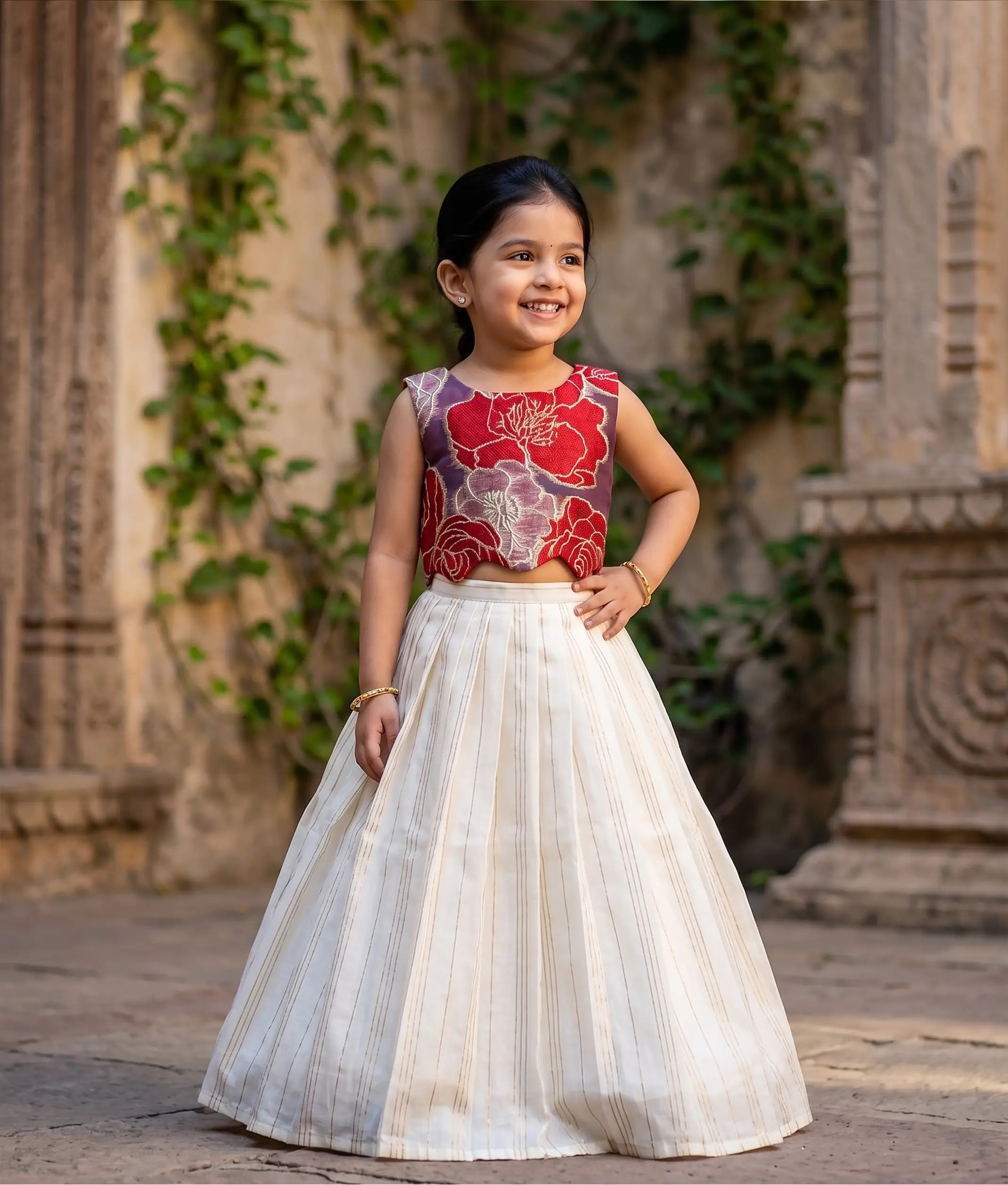 Red Turkish Organza Top With Kasavu Skirt for Baby Girl [6394]