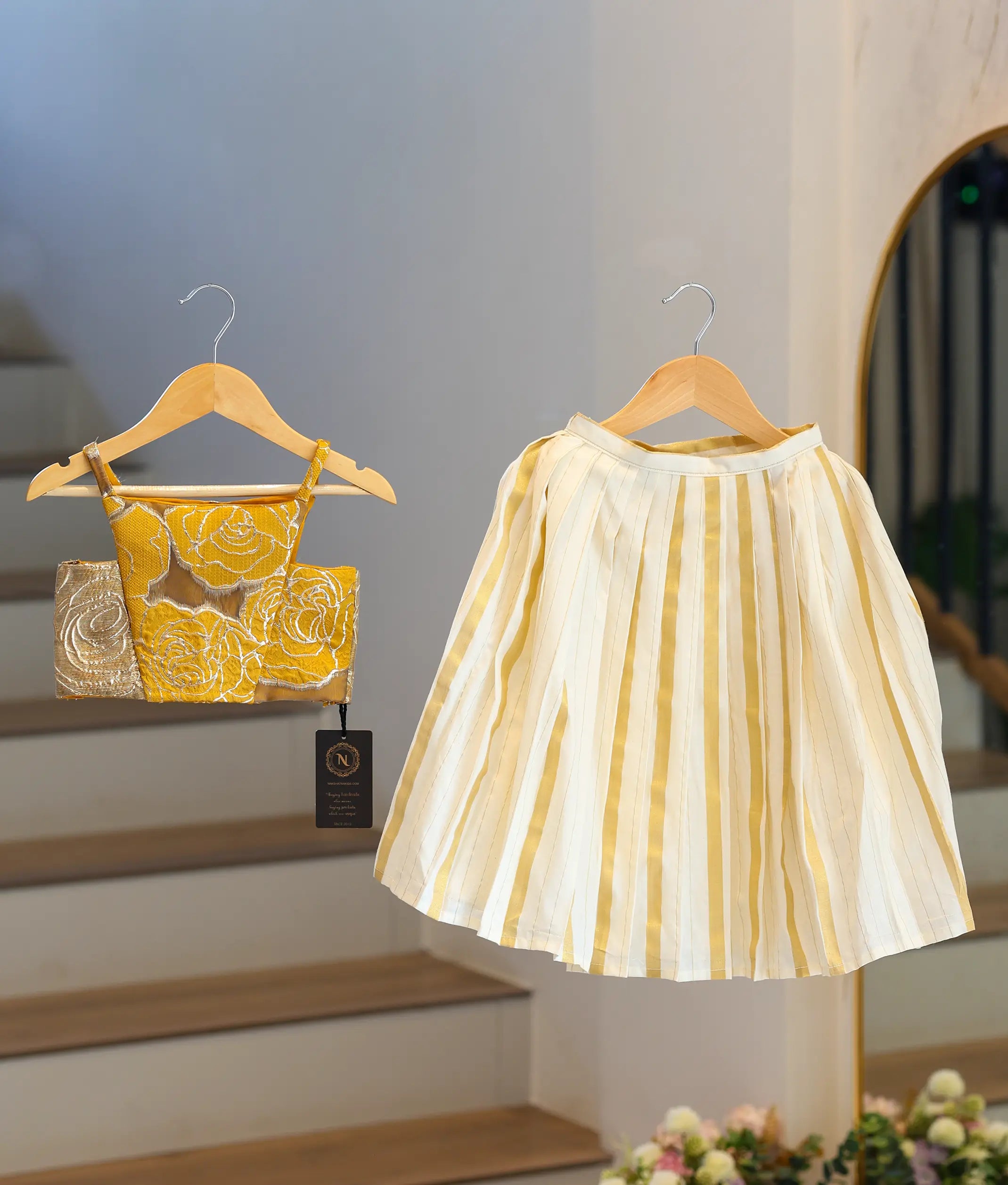 Yellow Turkish Organza Top With Kasavu Skirt for Baby Girl [6395]