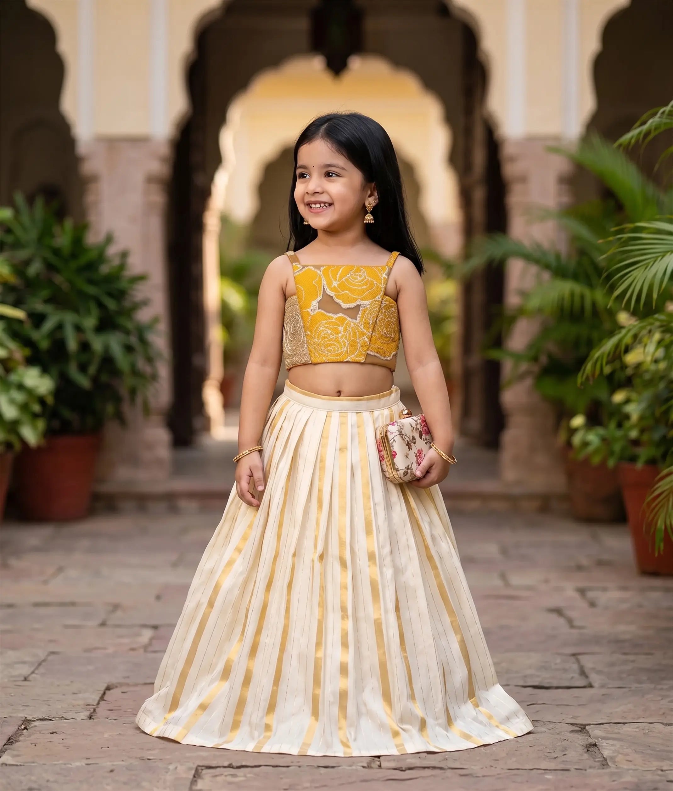 Yellow Turkish Organza Top With Kasavu Skirt for Baby Girl [6395]