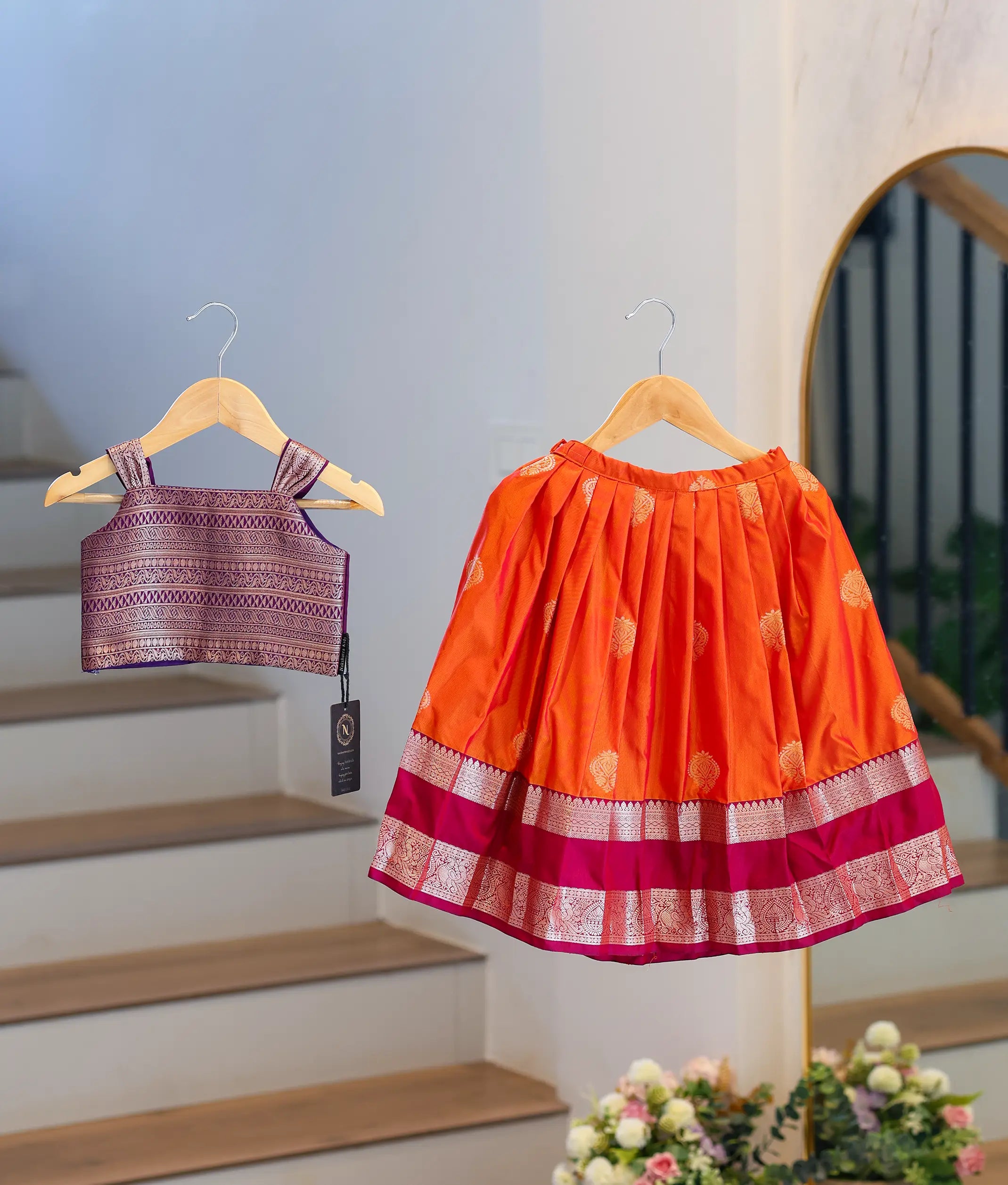 Orange and Magenta Kanchipuram Silk Skirt and Top for Baby Girl [6396]