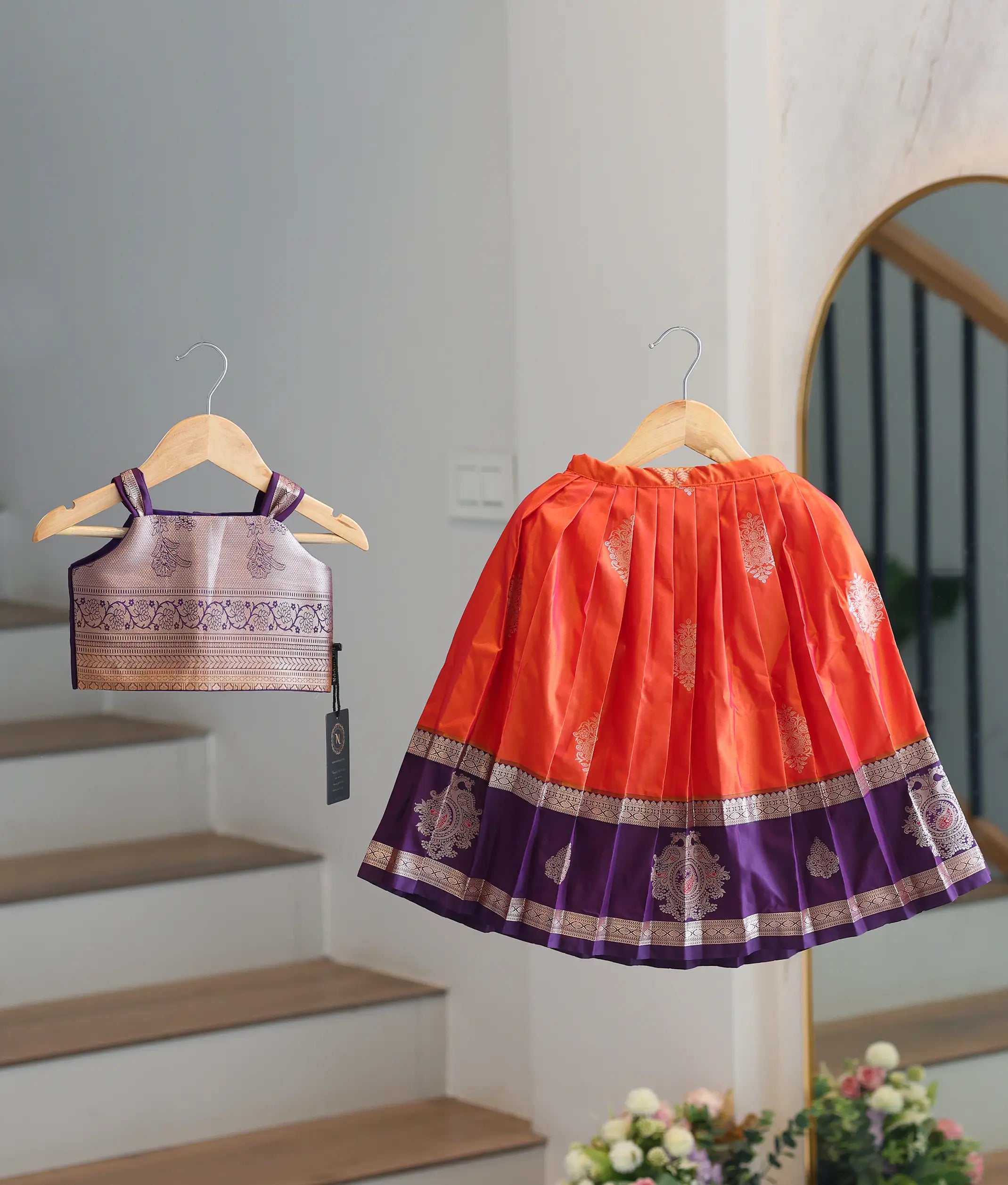 Orange and Wine Kanchipuram Silk Skirt and Top for Baby Girl [6396]