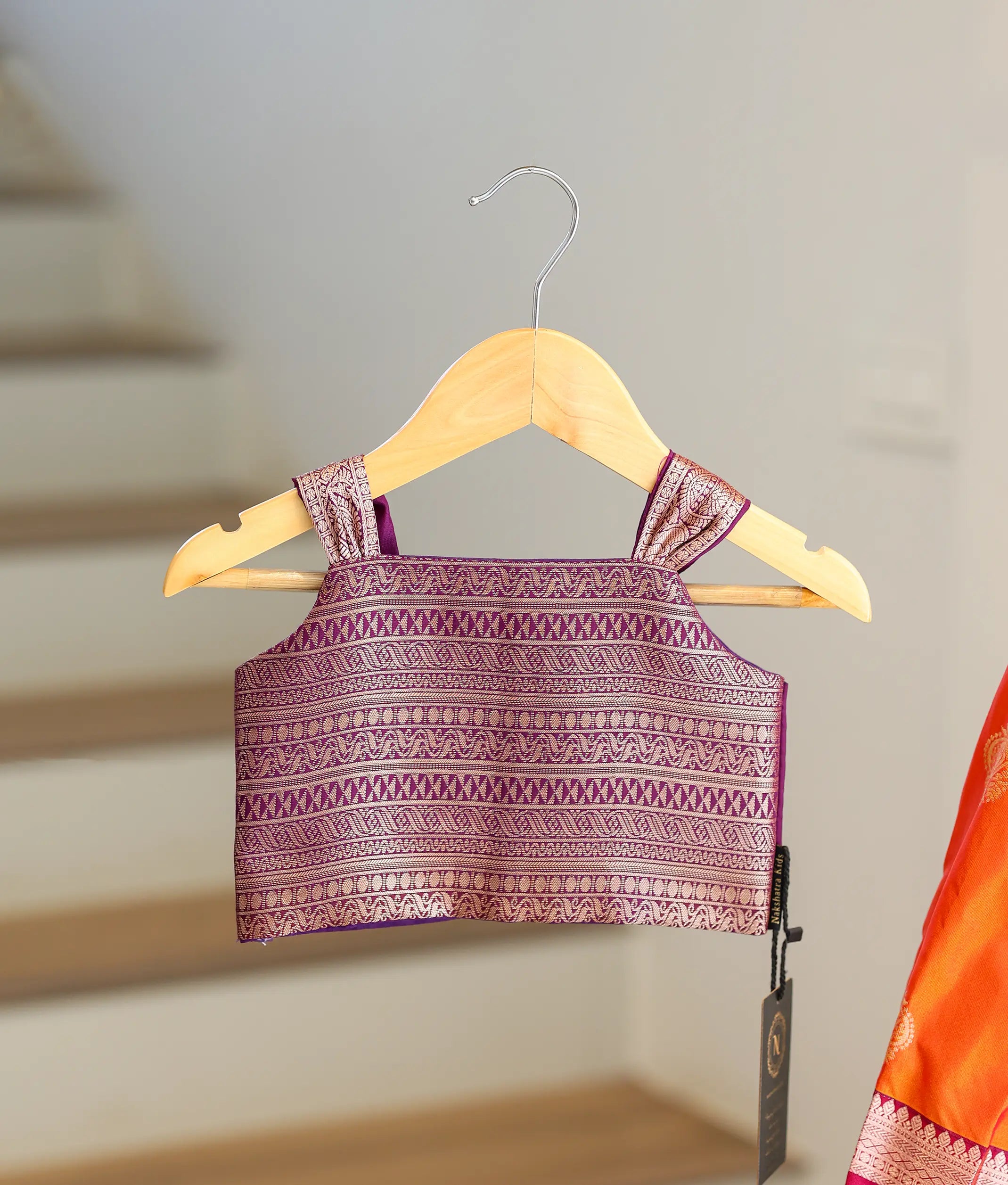 Orange and Magenta Kanchipuram Silk Skirt and Top for Baby Girl [6396]