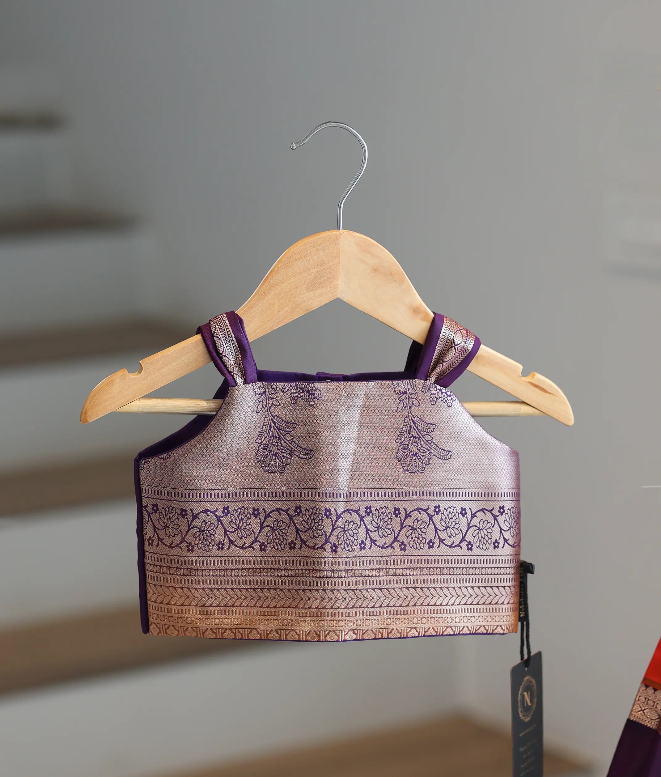 Orange and Wine Kanchipuram Silk Skirt and Top for Baby Girl [6396]