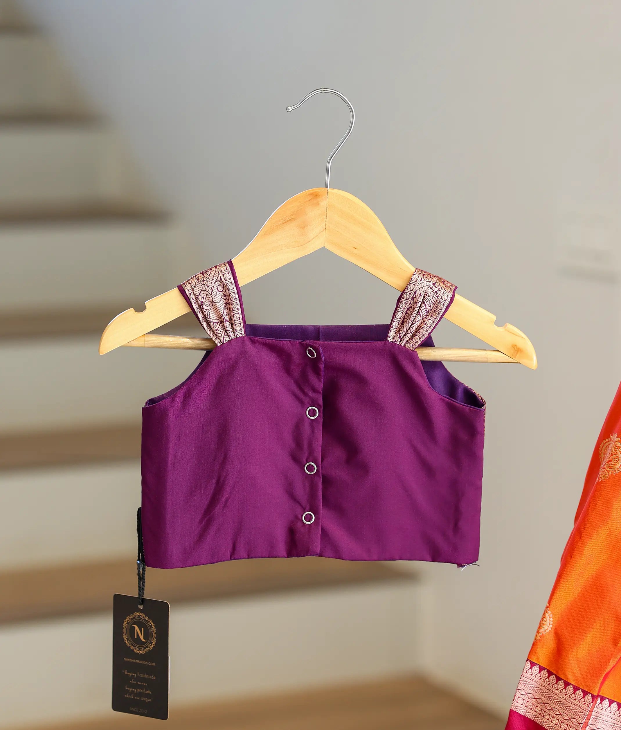 Orange and Magenta Kanchipuram Silk Skirt and Top for Baby Girl [6396]