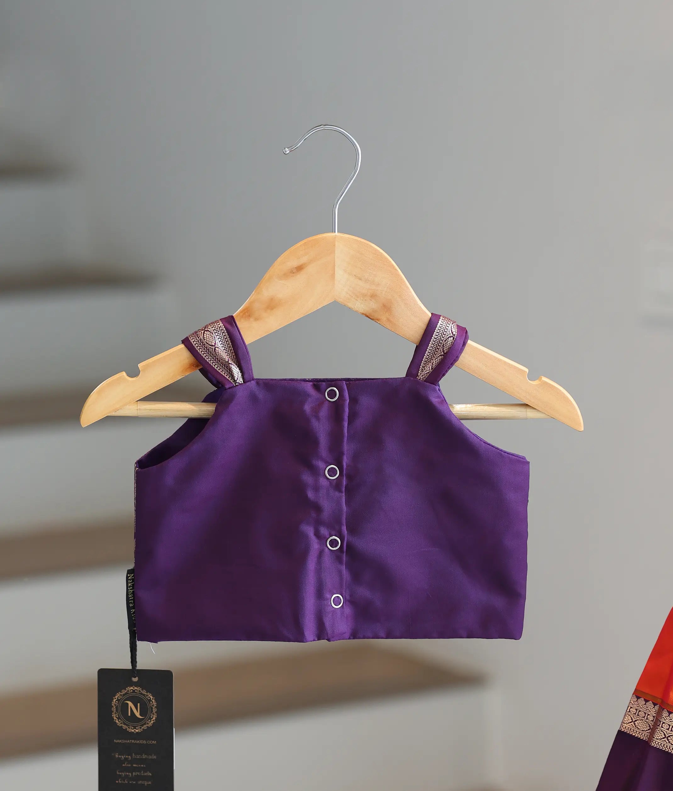Orange and Wine Kanchipuram Silk Skirt and Top for Baby Girl [6396]