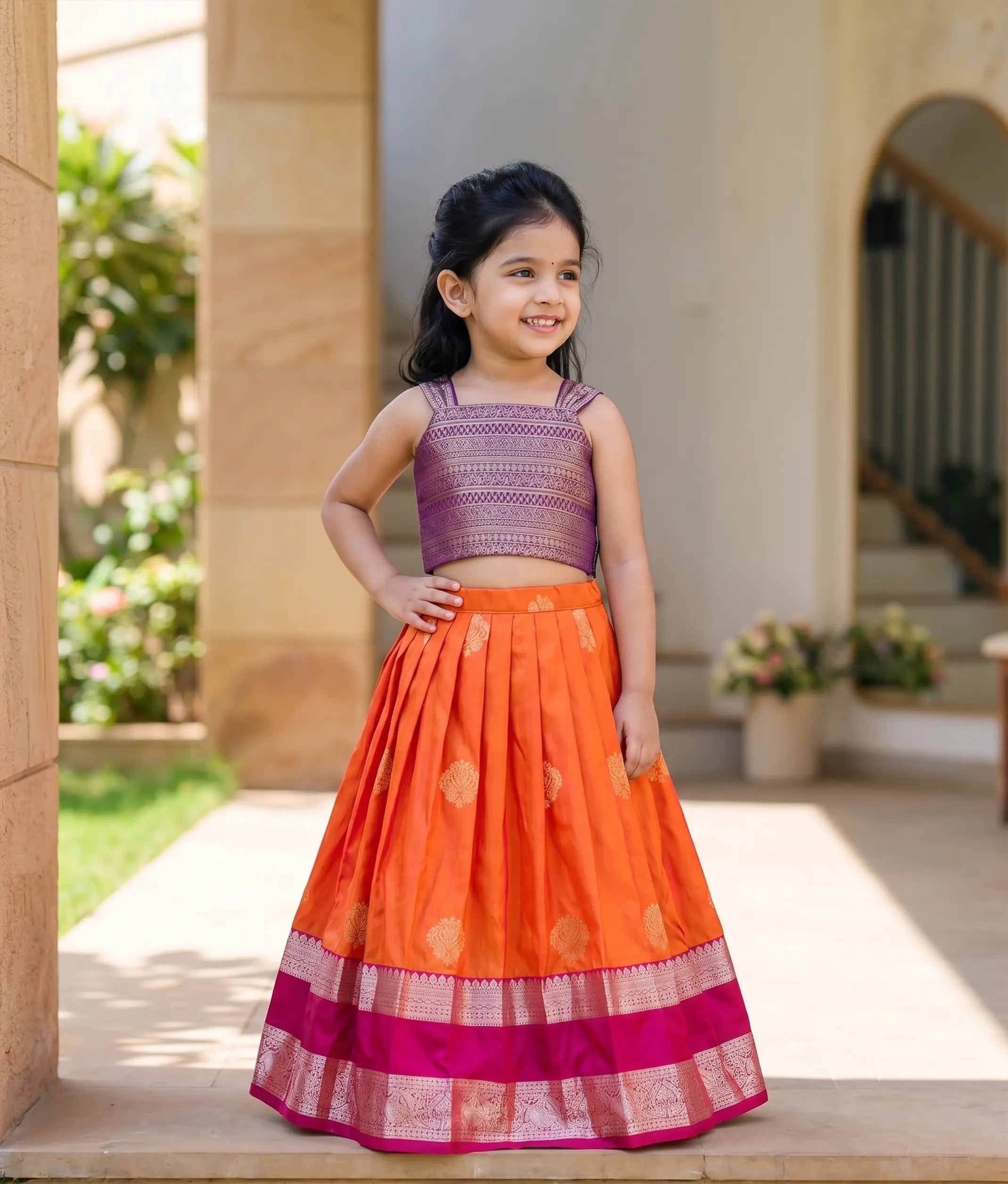 Orange and Magenta Kanchipuram Silk Skirt and Top for Baby Girl [6396]
