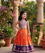 Orange and Wine Kanchipuram Silk Skirt and Top for Baby Girl [6396]