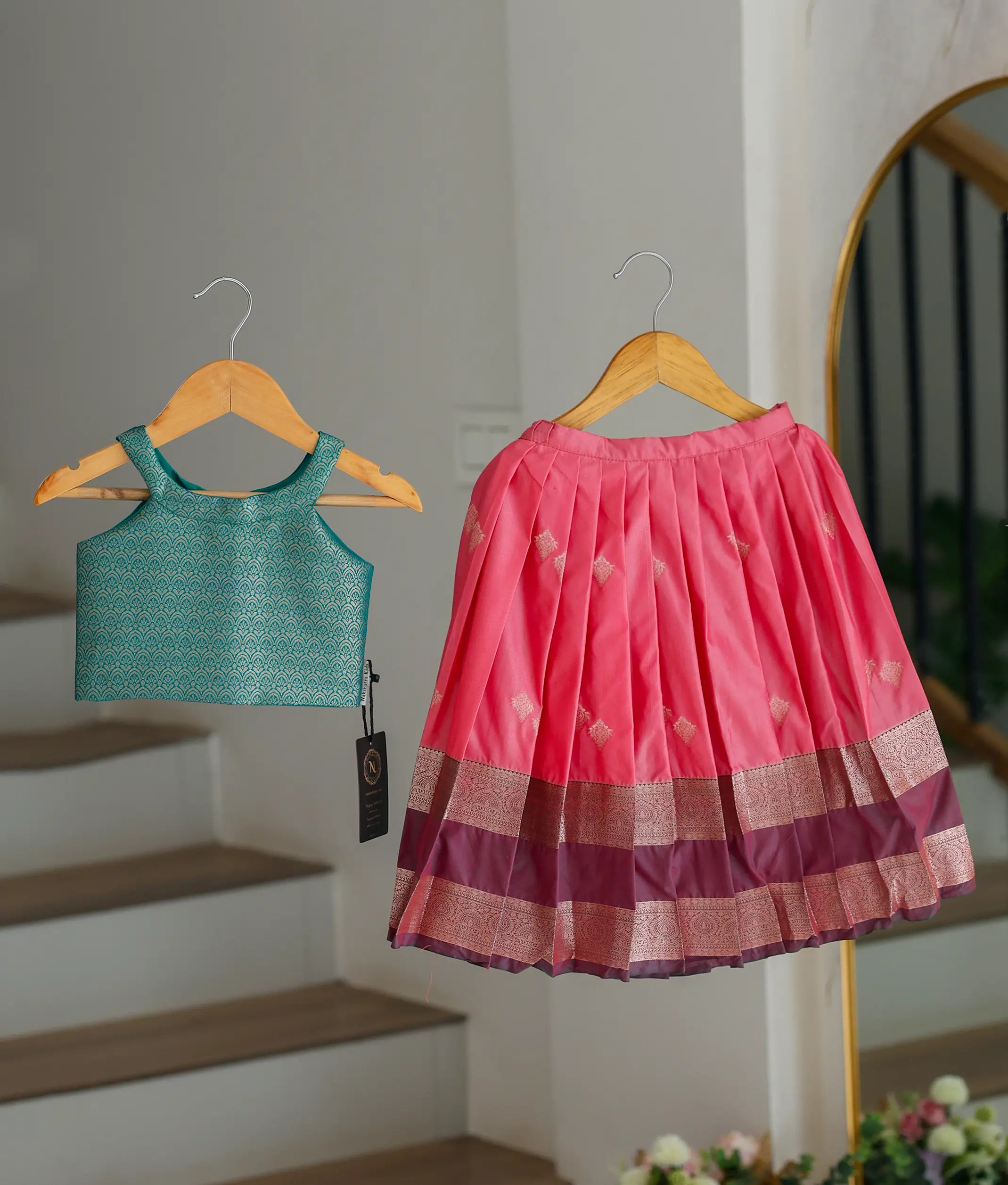 Coral Pink and Teal Kanchipuram Silk Skirt and Top for Baby Girl [6398]