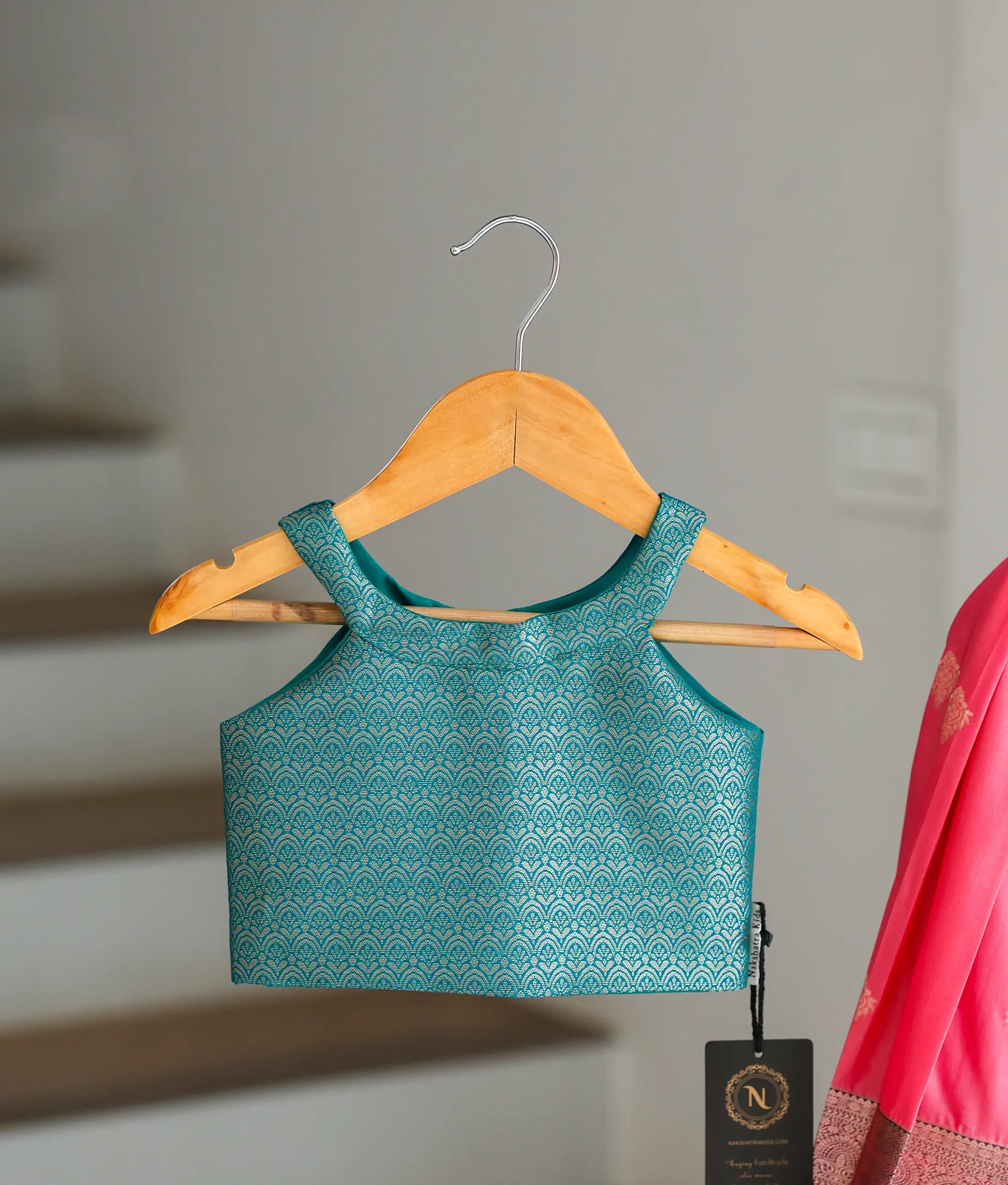 Coral Pink and Teal Kanchipuram Silk Skirt and Top for Baby Girl [6398]