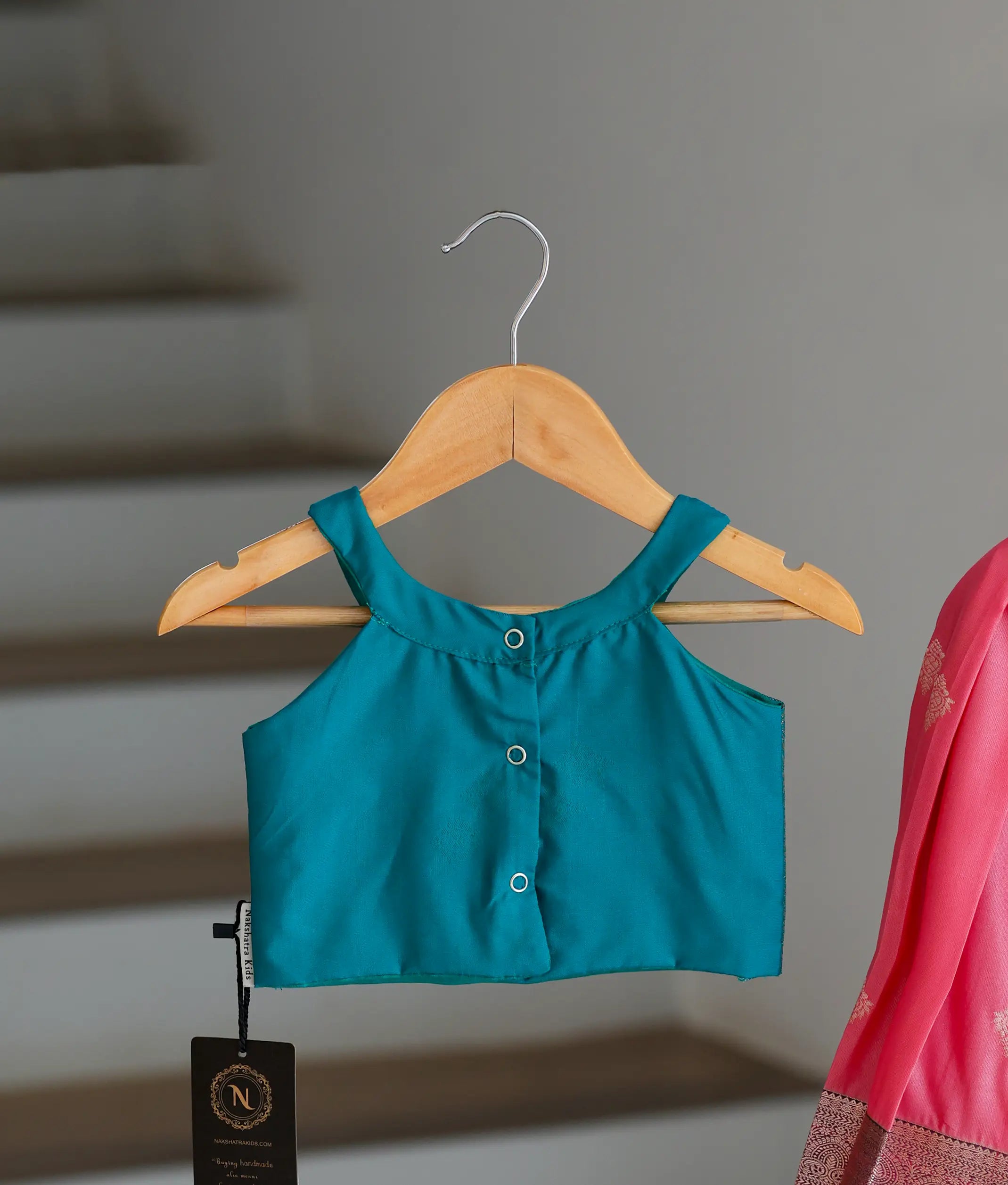 Coral Pink and Teal Kanchipuram Silk Skirt and Top for Baby Girl [6398]
