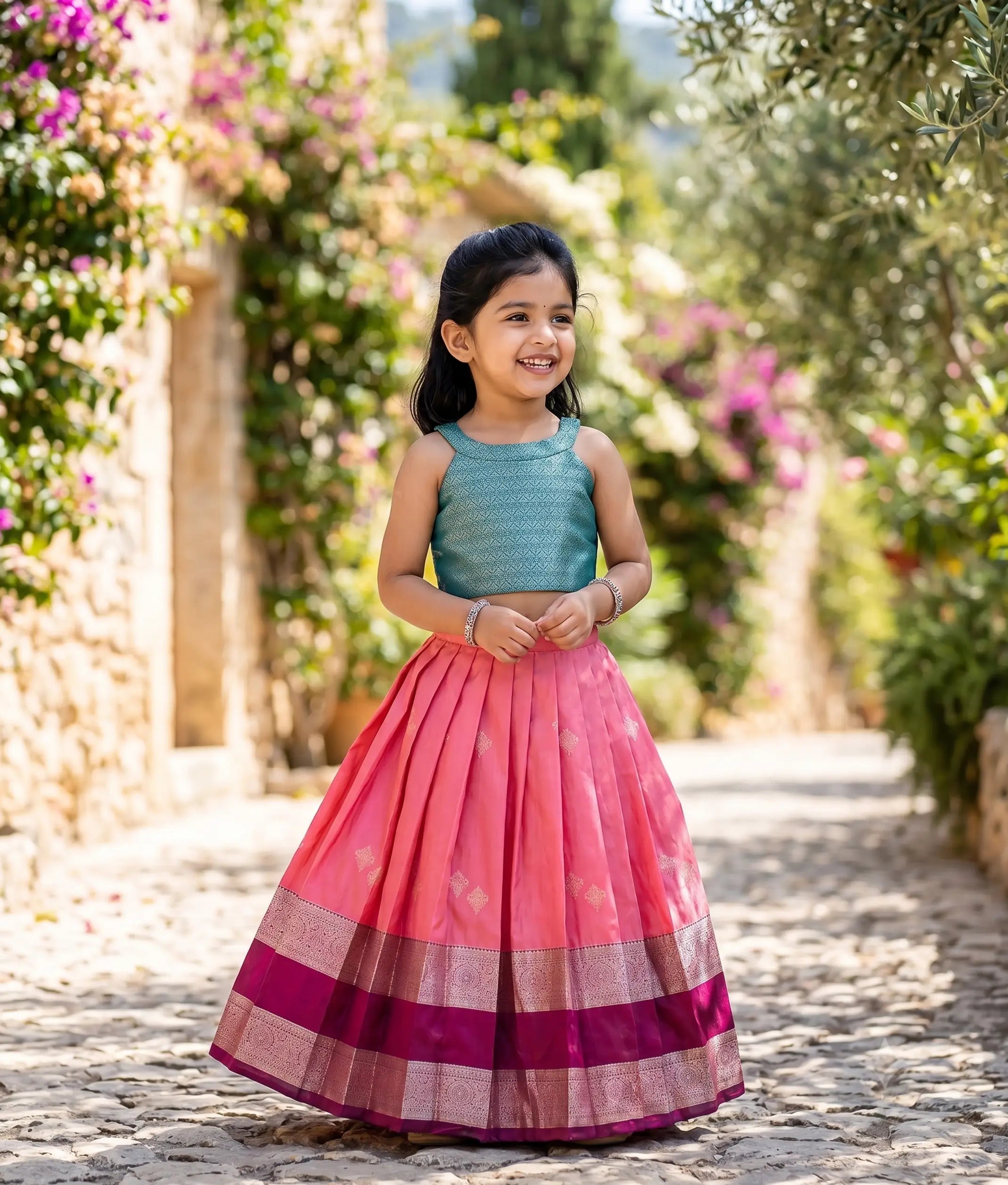 Coral Pink and Teal Kanchipuram Silk Skirt and Top for Baby Girl [6398]