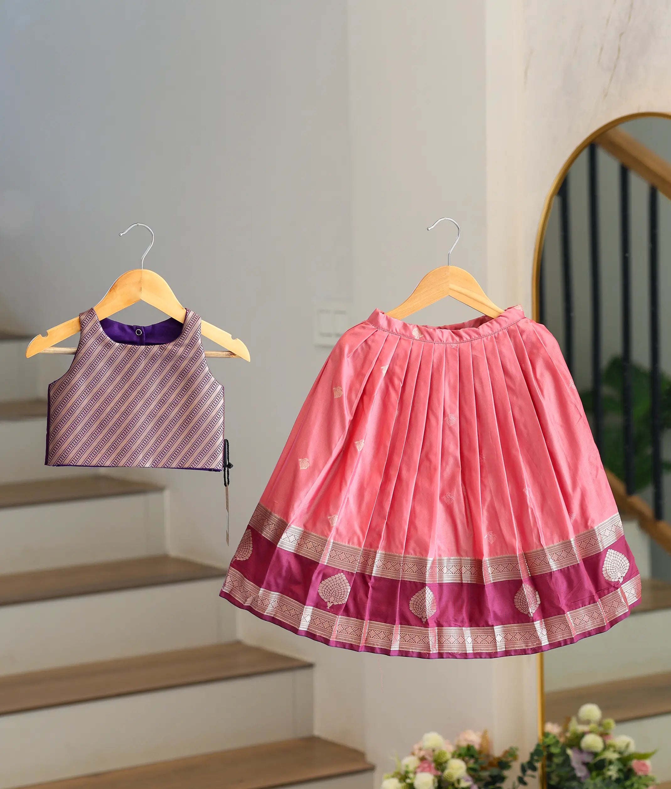 Pink and Violet Kanchipuram Silk Skirt and Top for Baby Girl [6399]