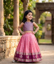 Pink and Violet Kanchipuram Silk Skirt and Top for Baby Girl [6399]