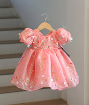 Peach Pink Shimmer Organza Flower Theme Birthday Frock For Baby Girl [6400]