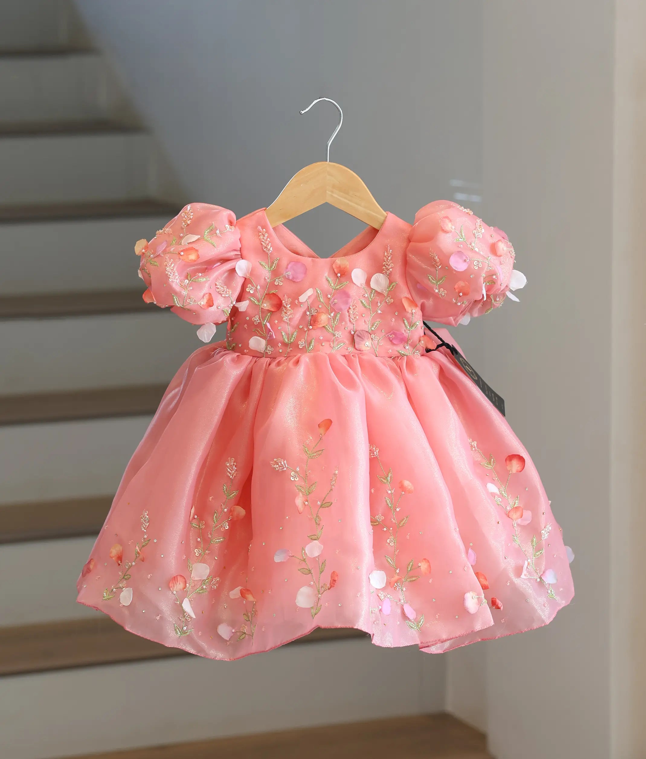 Peach Pink Shimmer Organza Flower Theme Birthday Frock For Baby Girl [6400]