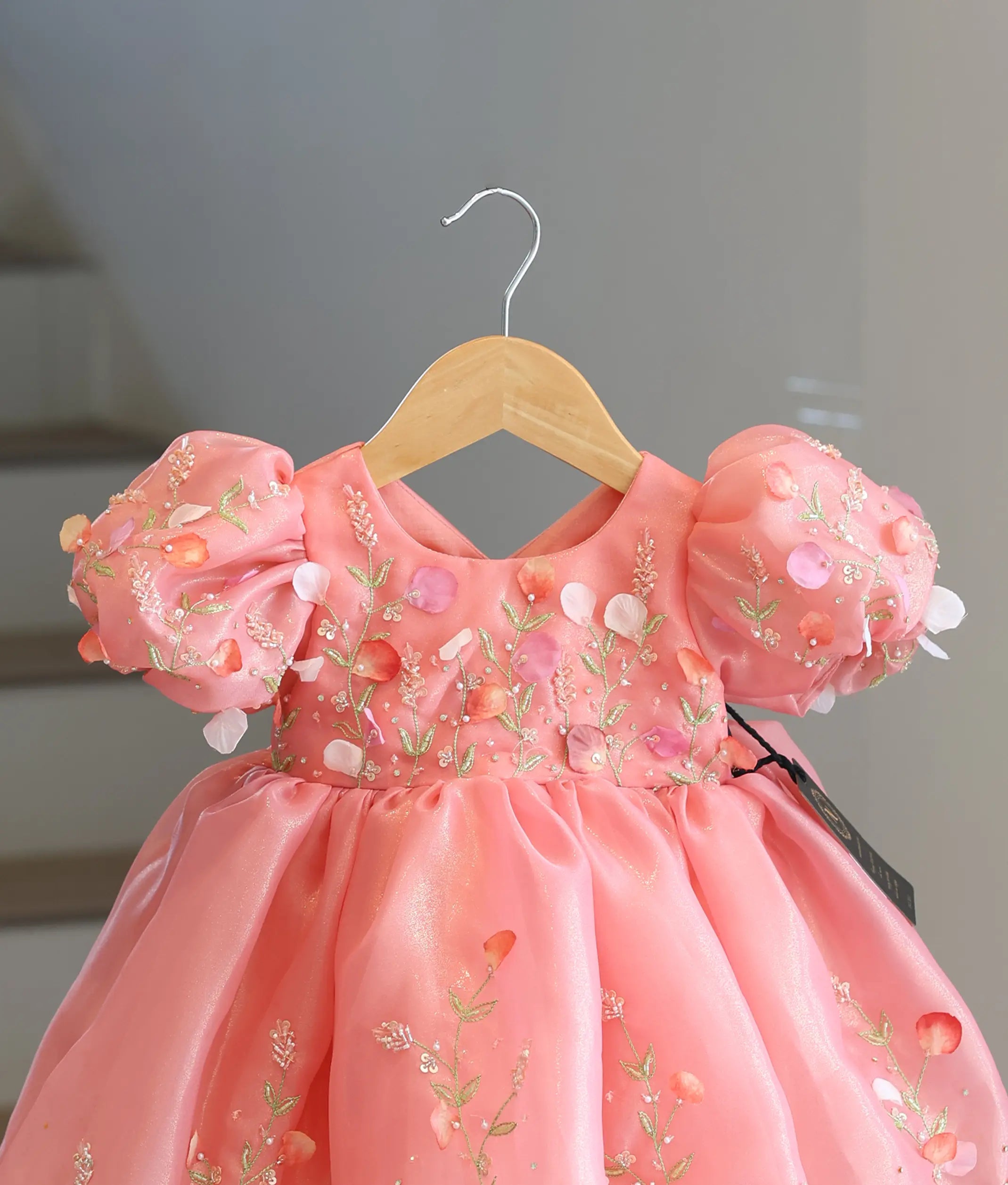 Peach Pink Shimmer Organza Flower Theme Birthday Frock For Baby Girl [6400]