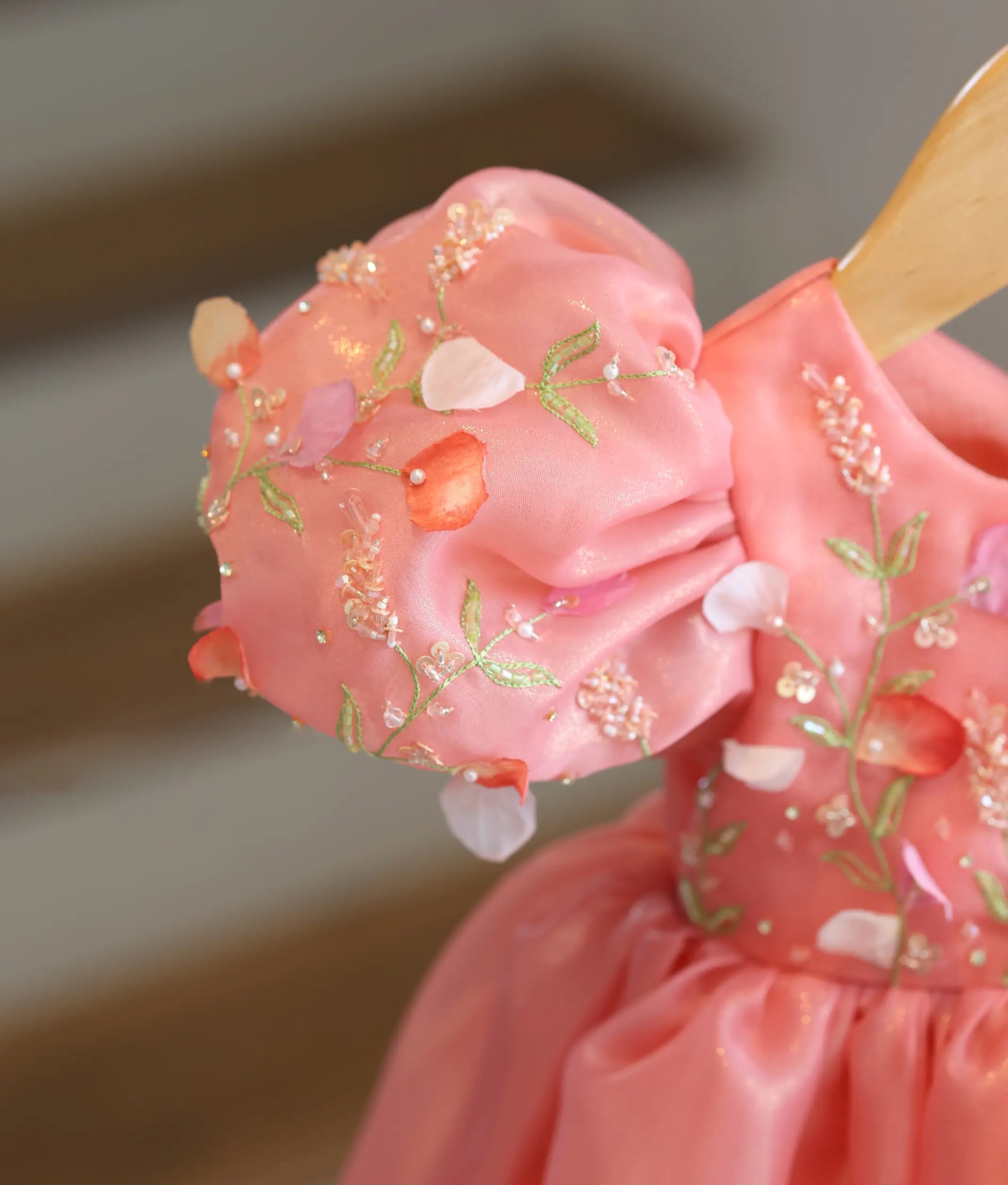 Peach Pink Shimmer Organza Flower Theme Birthday Frock For Baby Girl [6400]
