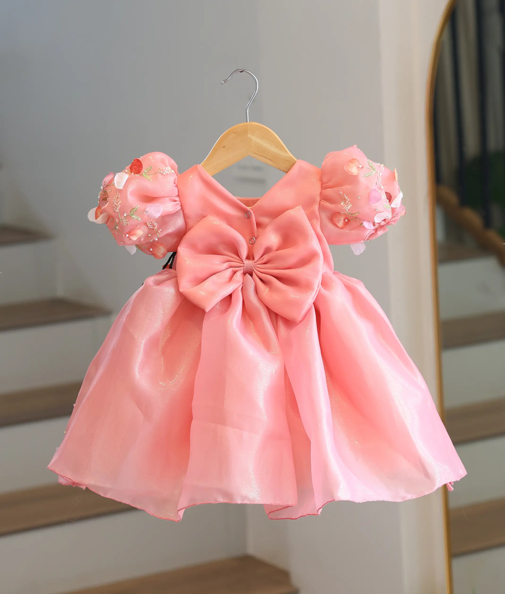 Peach Pink Shimmer Organza Flower Theme Birthday Frock For Baby Girl [6400]