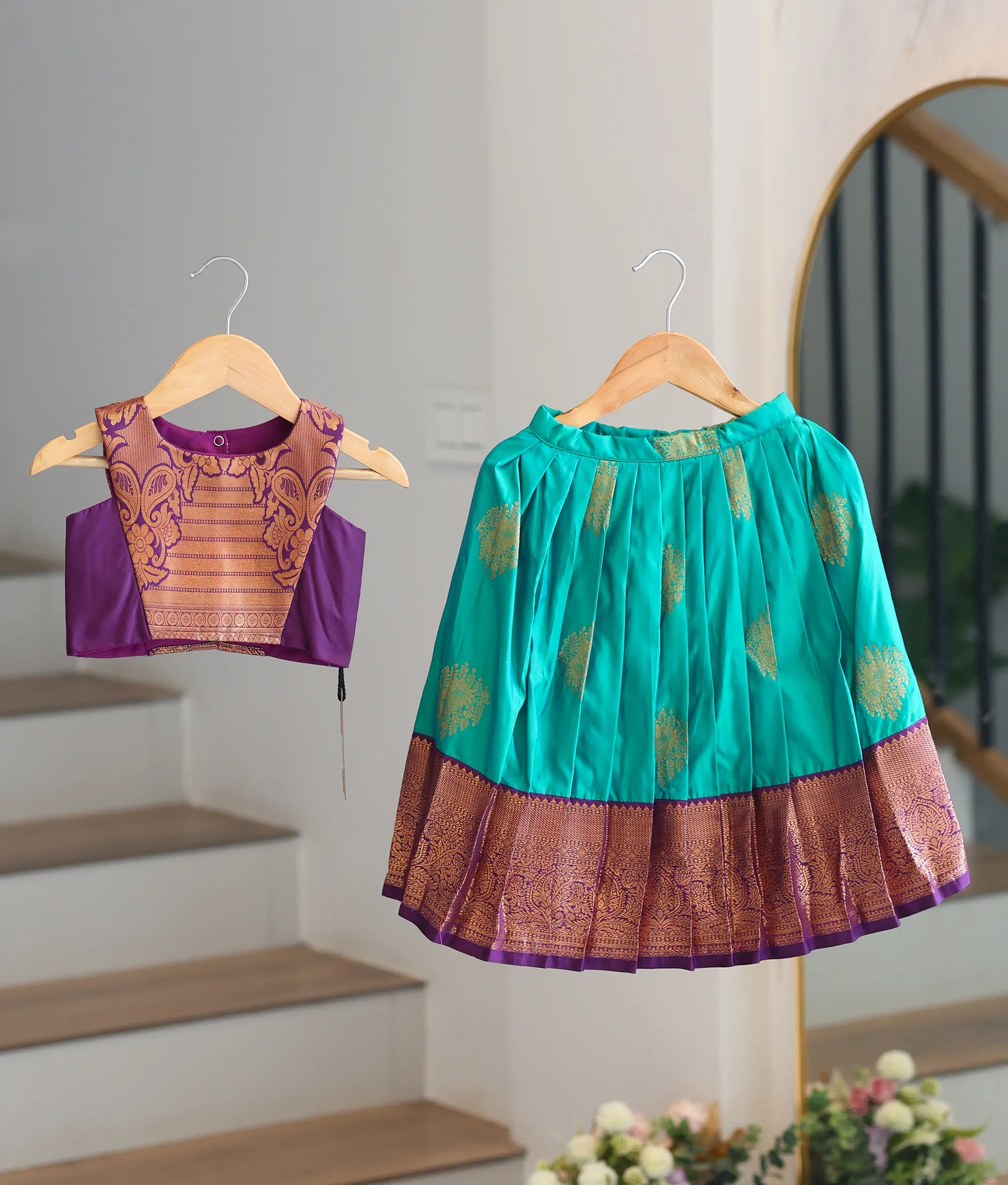Teal and Purple Kanchipuram Silk Skirt and Top for Baby Girl [6402]