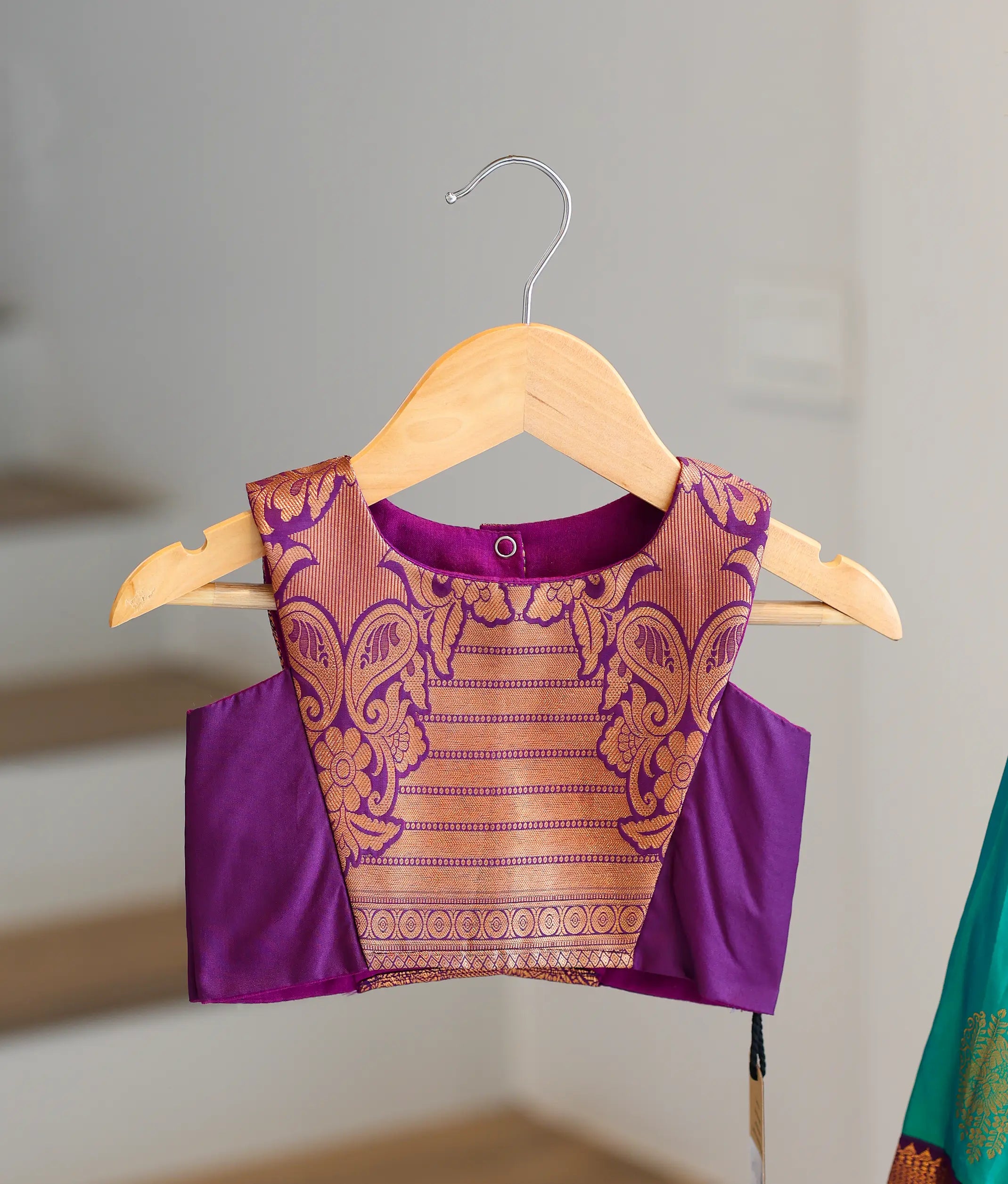 Teal and Purple Kanchipuram Silk Skirt and Top for Baby Girl [6402]