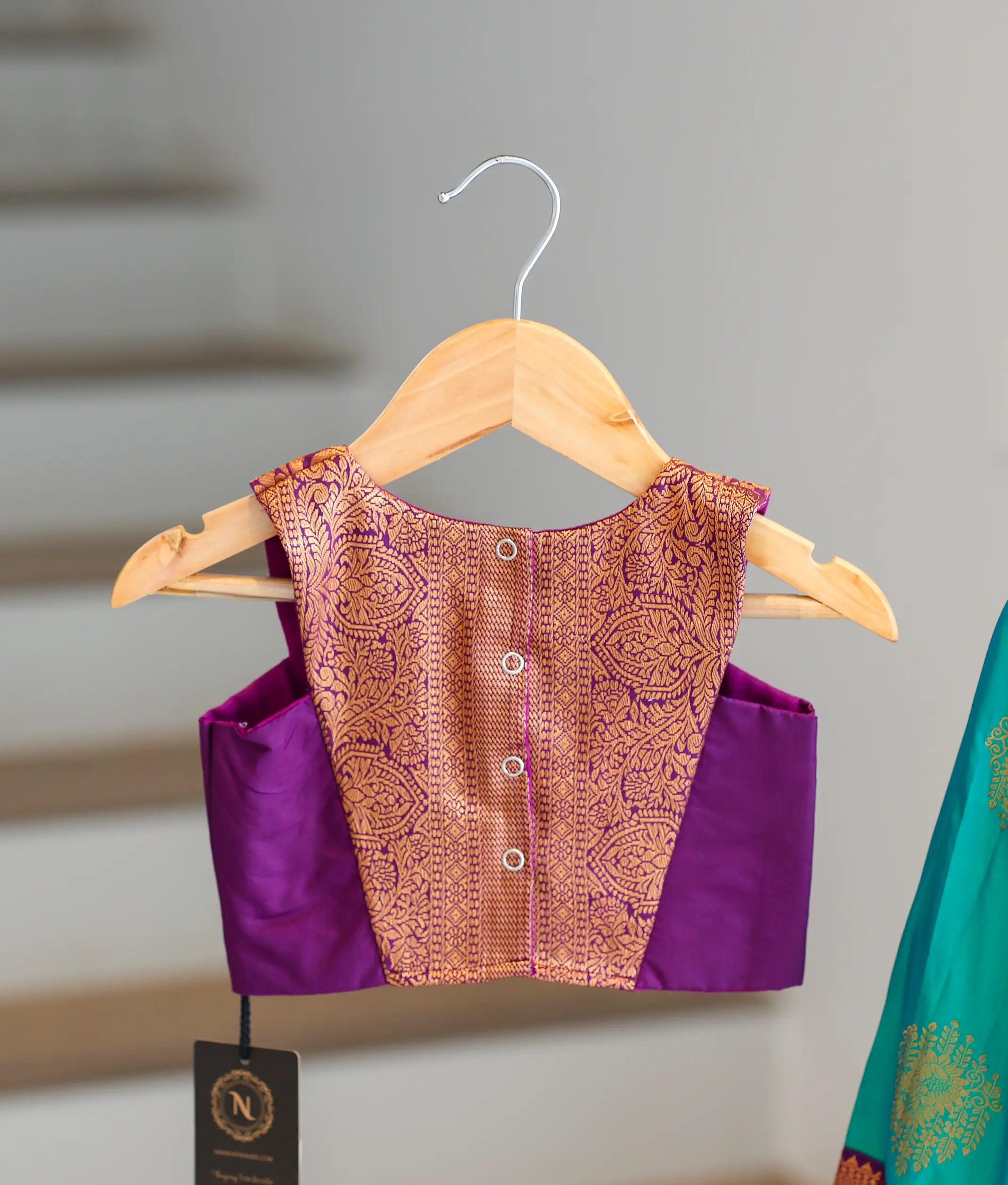 Teal and Purple Kanchipuram Silk Skirt and Top for Baby Girl [6402]