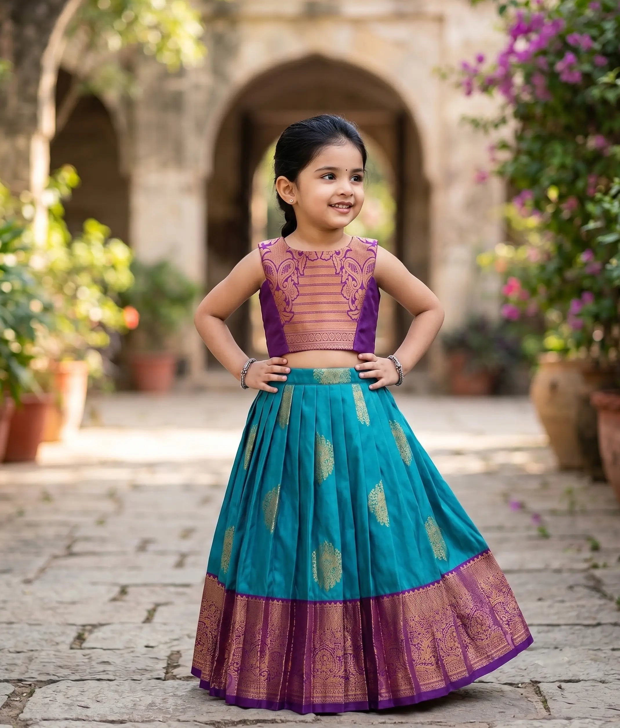 Teal and Purple Kanchipuram Silk Skirt and Top for Baby Girl [6402]