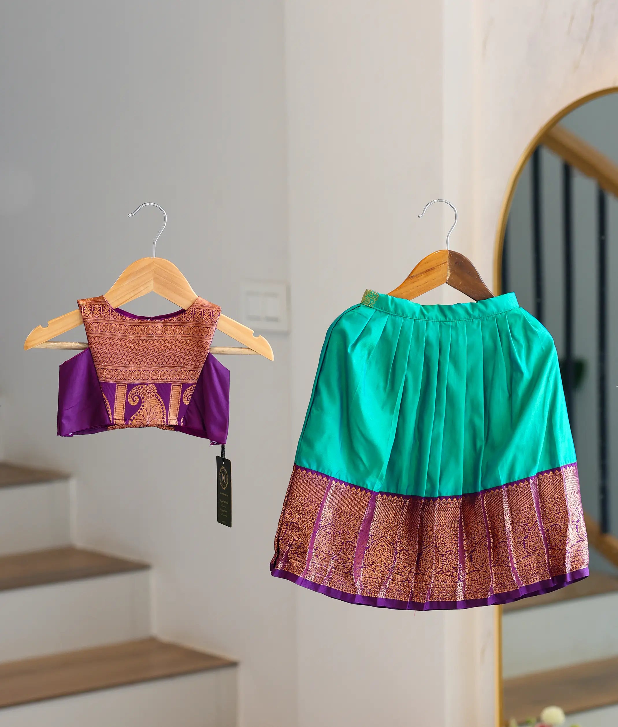 Teal and Purple Kanchipuram Silk Skirt and Top for Baby Girl [6402A]
