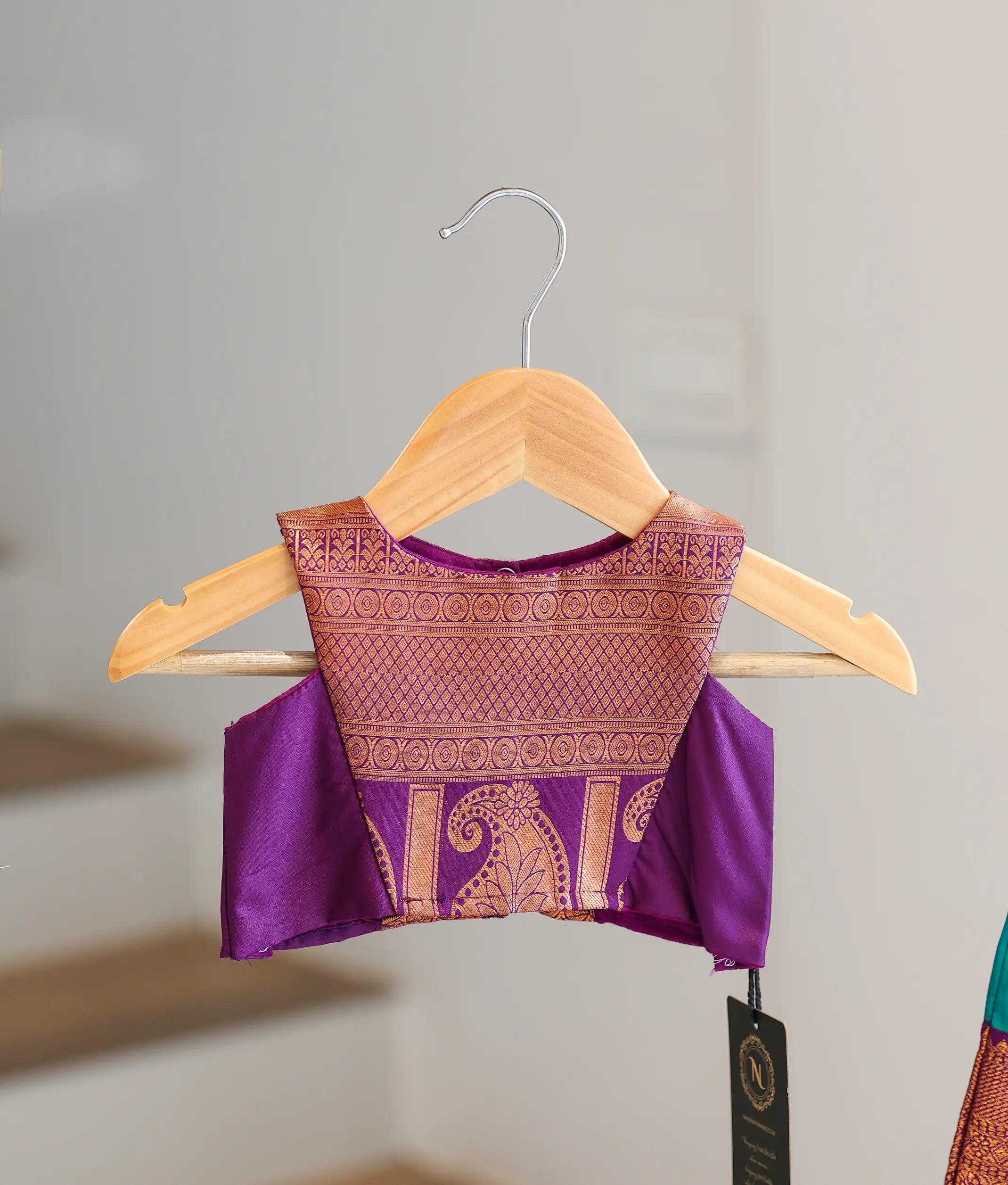 Teal and Purple Kanchipuram Silk Skirt and Top for Baby Girl [6402A]