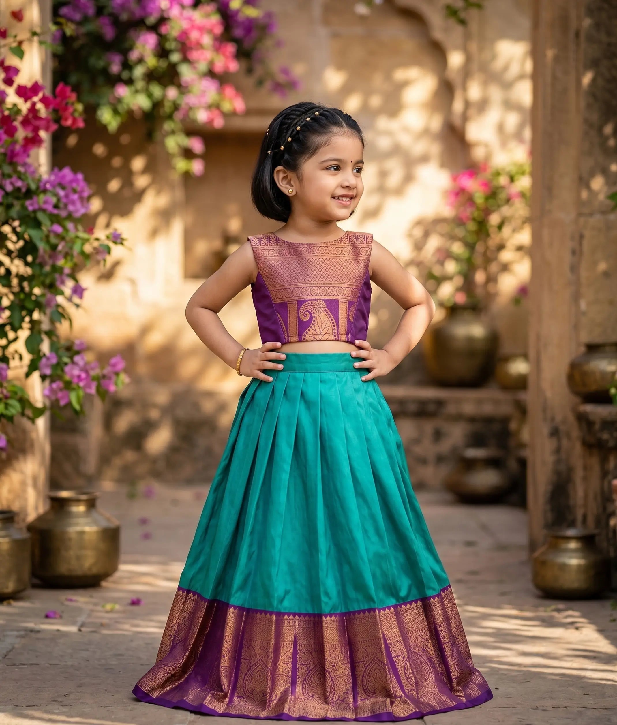 Teal and Purple Kanchipuram Silk Skirt and Top for Baby Girl [6402A]