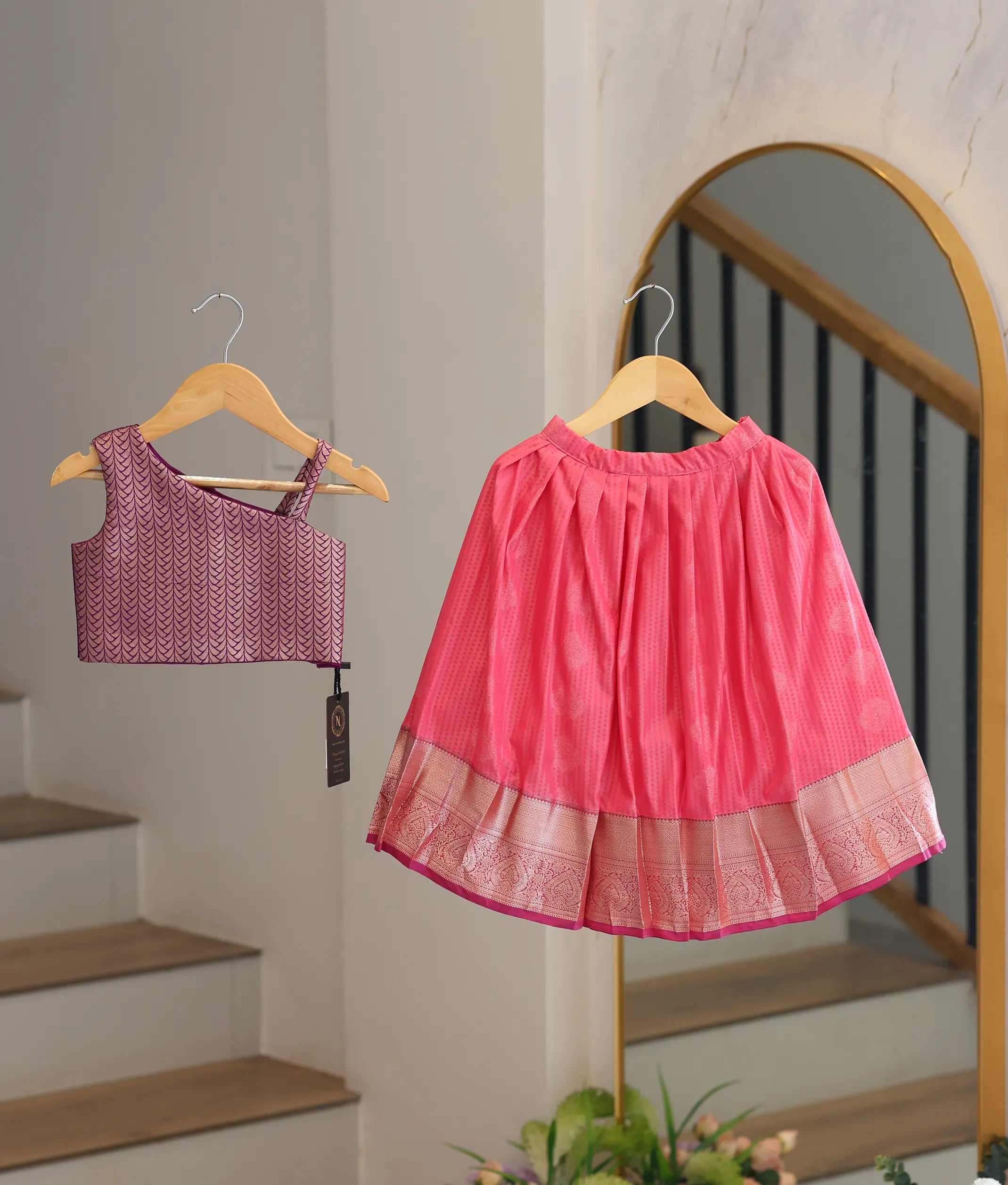 Pink And Violet Kanchipuram Silk Skirt And Top for Baby Girl [6403]