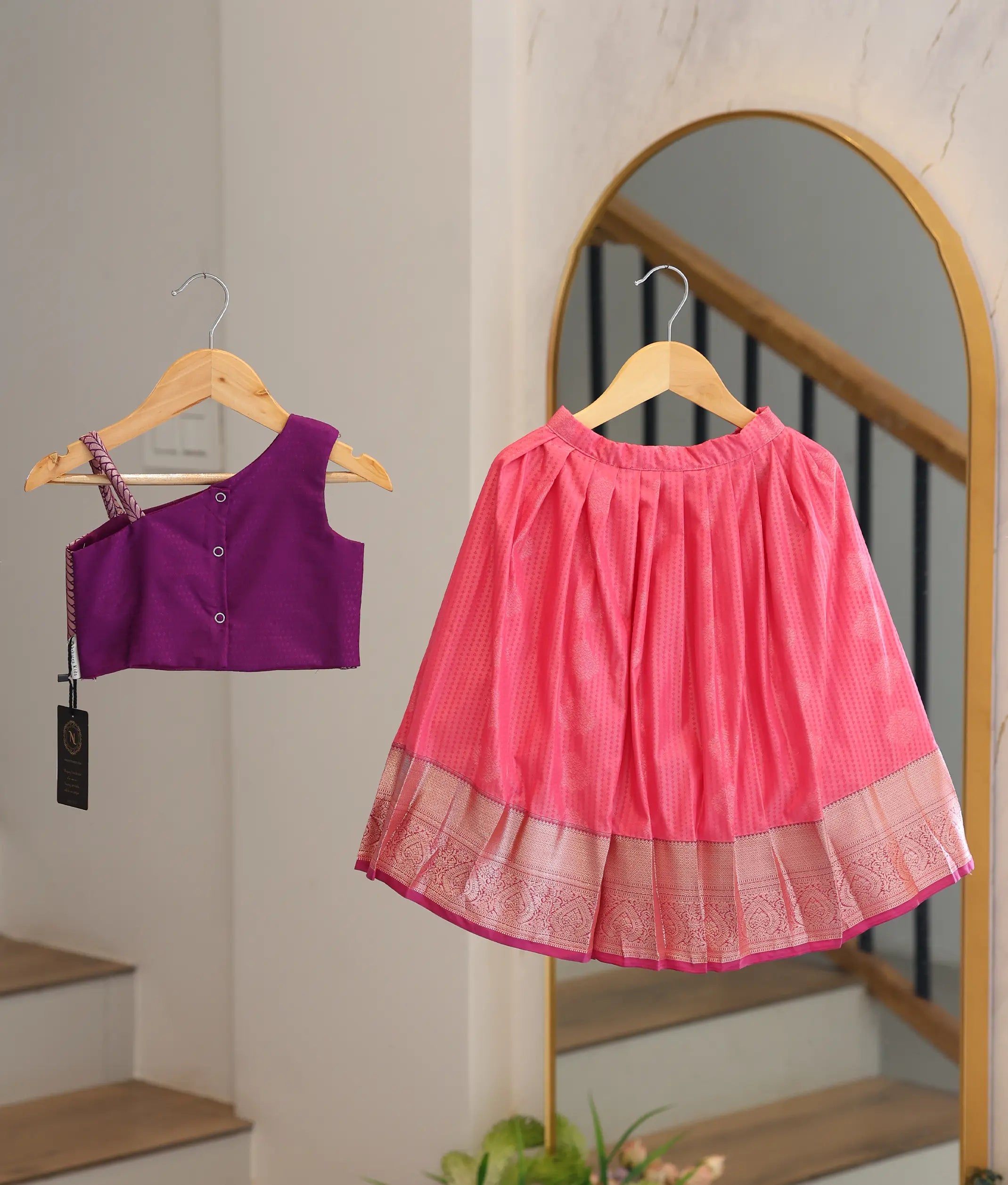 Pink And Violet Kanchipuram Silk Skirt And Top for Baby Girl [6403]