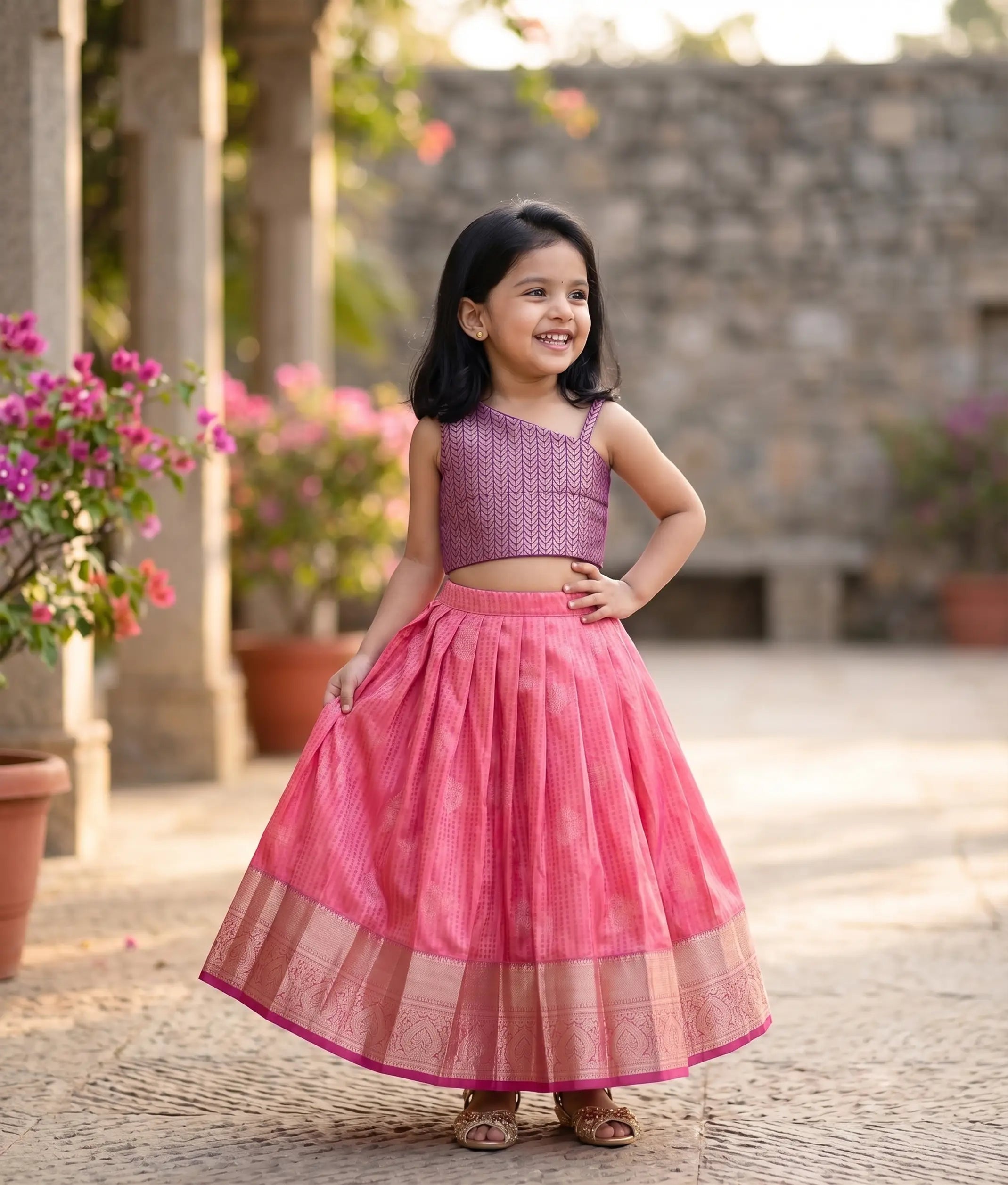 Pink And Violet Kanchipuram Silk Skirt And Top for Baby Girl [6403]
