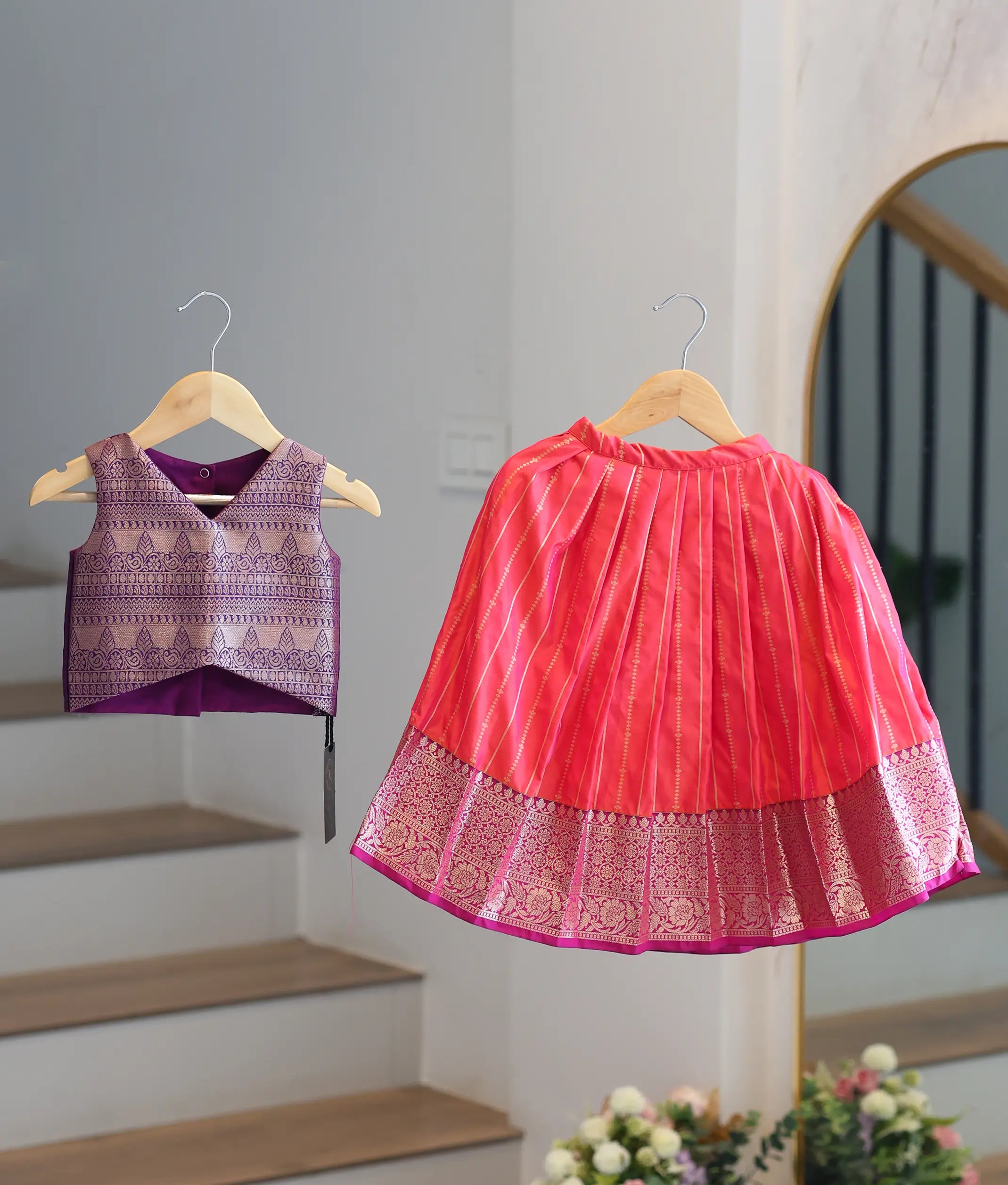 Coral Pink and Purple Kanchipuram Silk Skirt and Top for Baby Girl [6404]