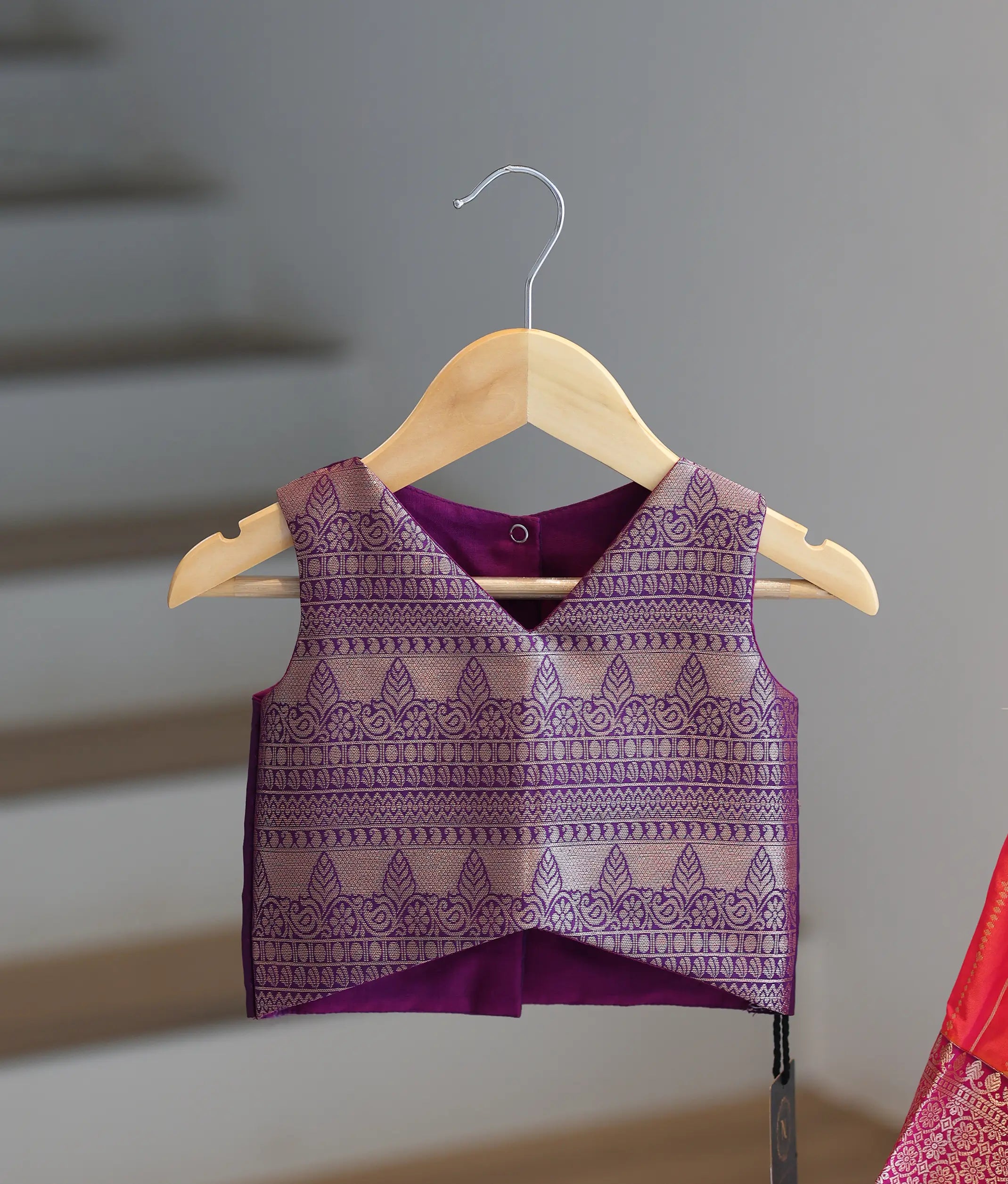 Coral Pink and Purple Kanchipuram Silk Skirt and Top for Baby Girl [6404]