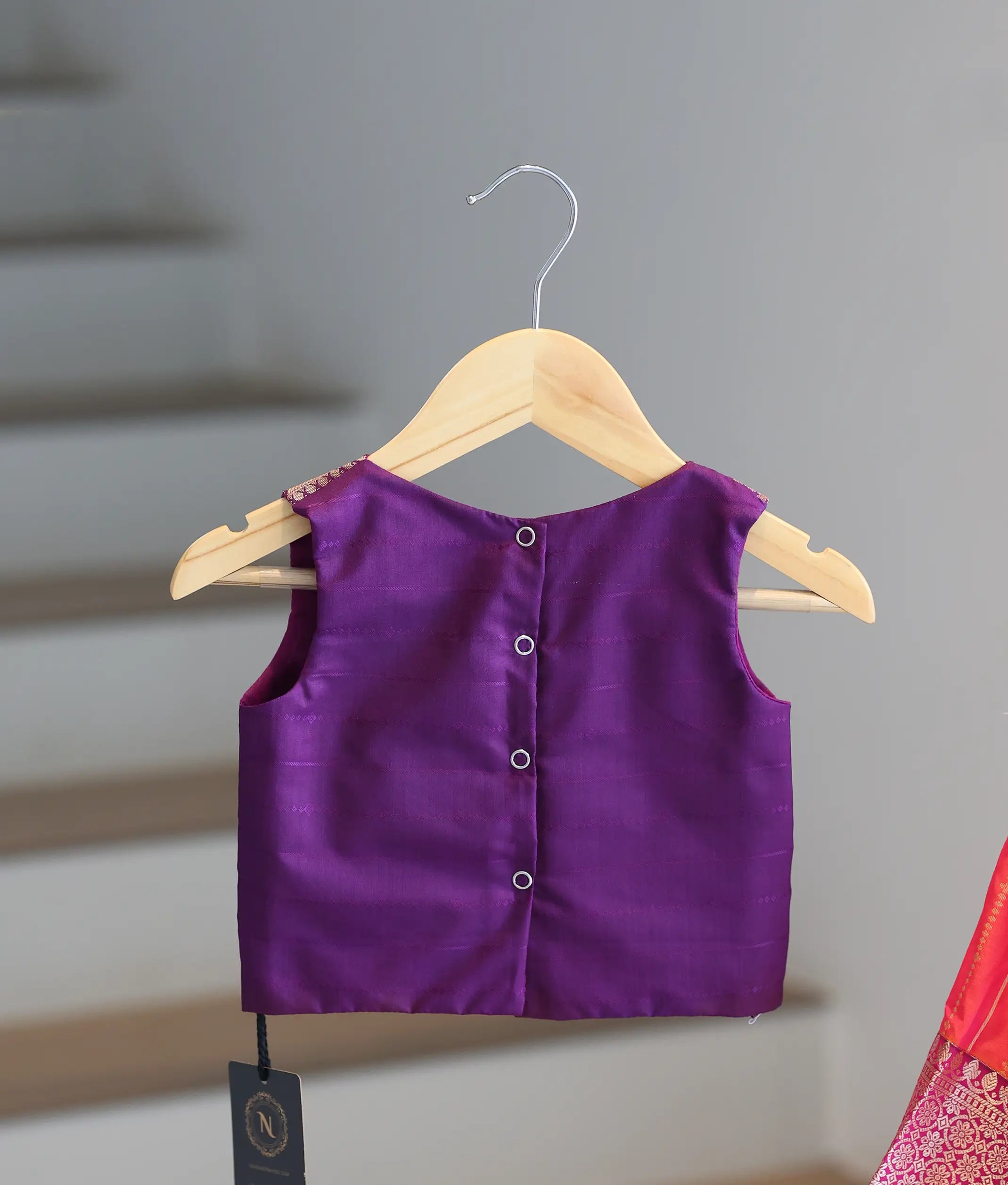 Coral Pink and Purple Kanchipuram Silk Skirt and Top for Baby Girl [6404]