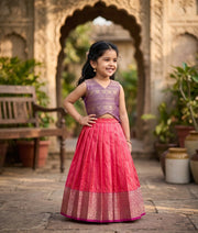 Coral Pink and Purple Kanchipuram Silk Skirt and Top for Baby Girl [6404]