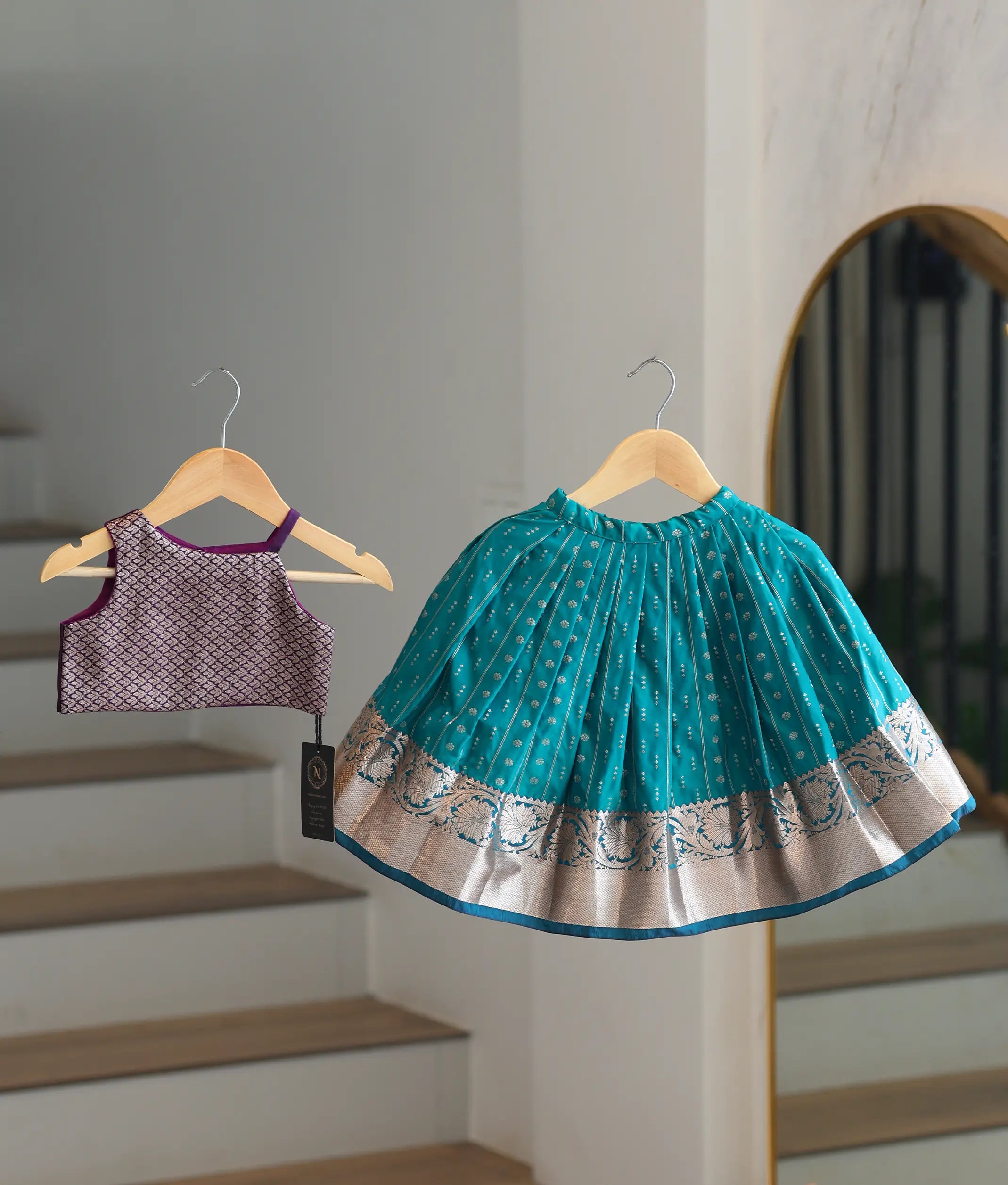 Teal Blue and Violet Kanchipuram Silk Skirt and Top for Baby Girl [6405A]