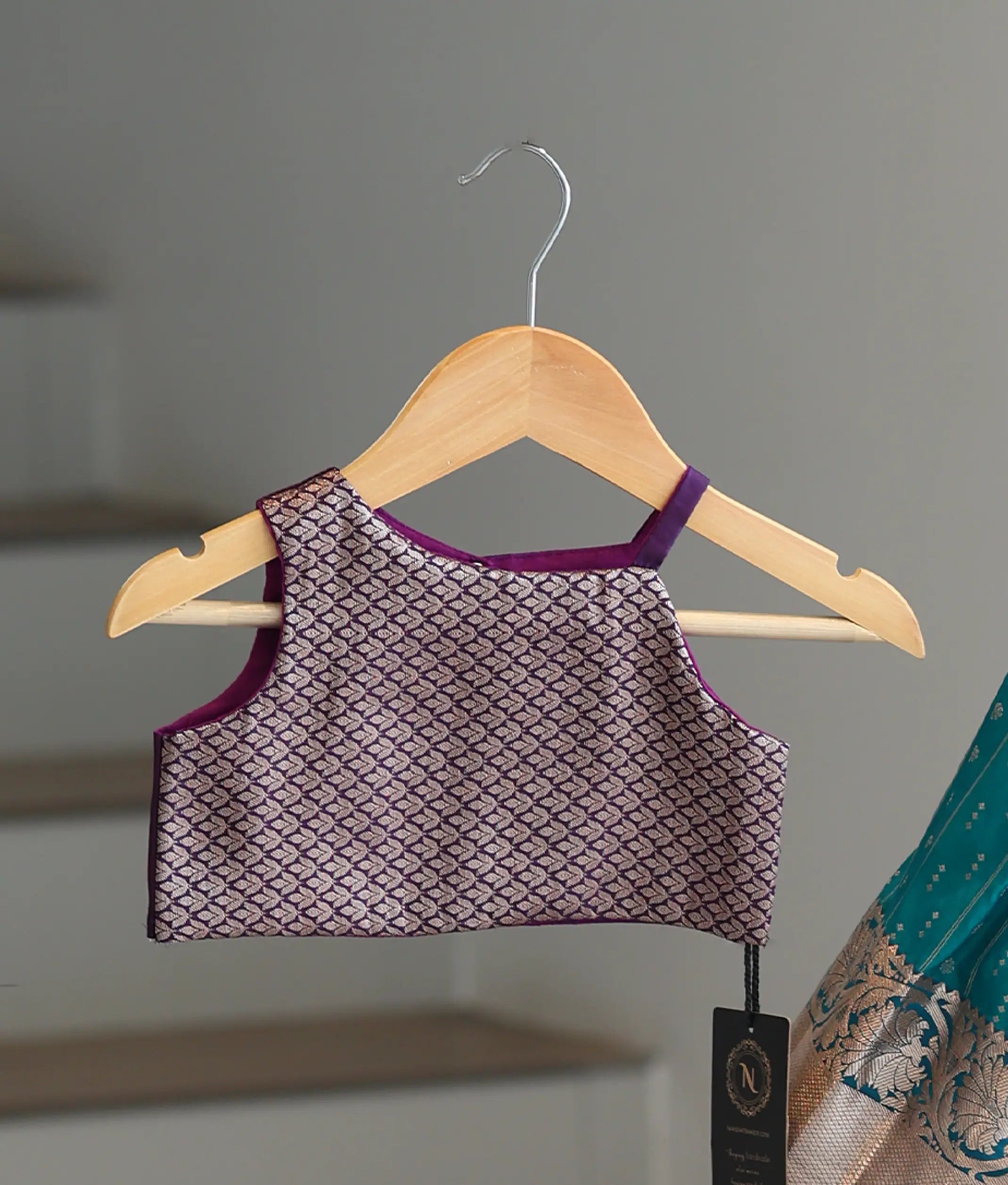 Teal Blue and Violet Kanchipuram Silk Skirt and Top for Baby Girl [6405]