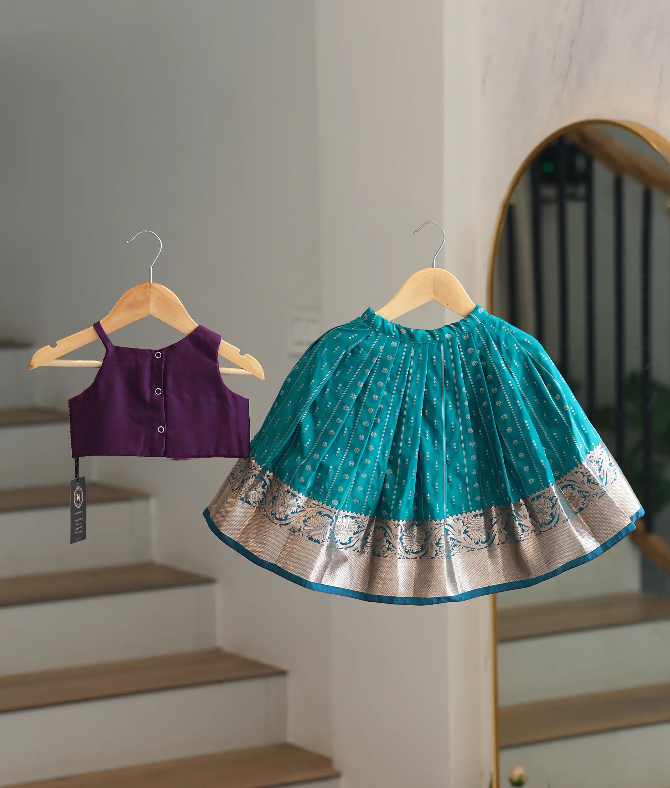 Teal Blue and Violet Kanchipuram Silk Skirt and Top for Baby Girl [6405]