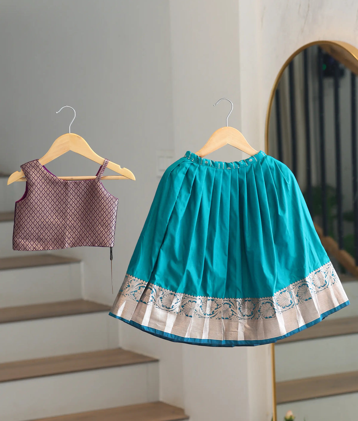 Teal Blue and Violet Kanchipuram Silk Skirt and Top for Baby Girl [6405A]