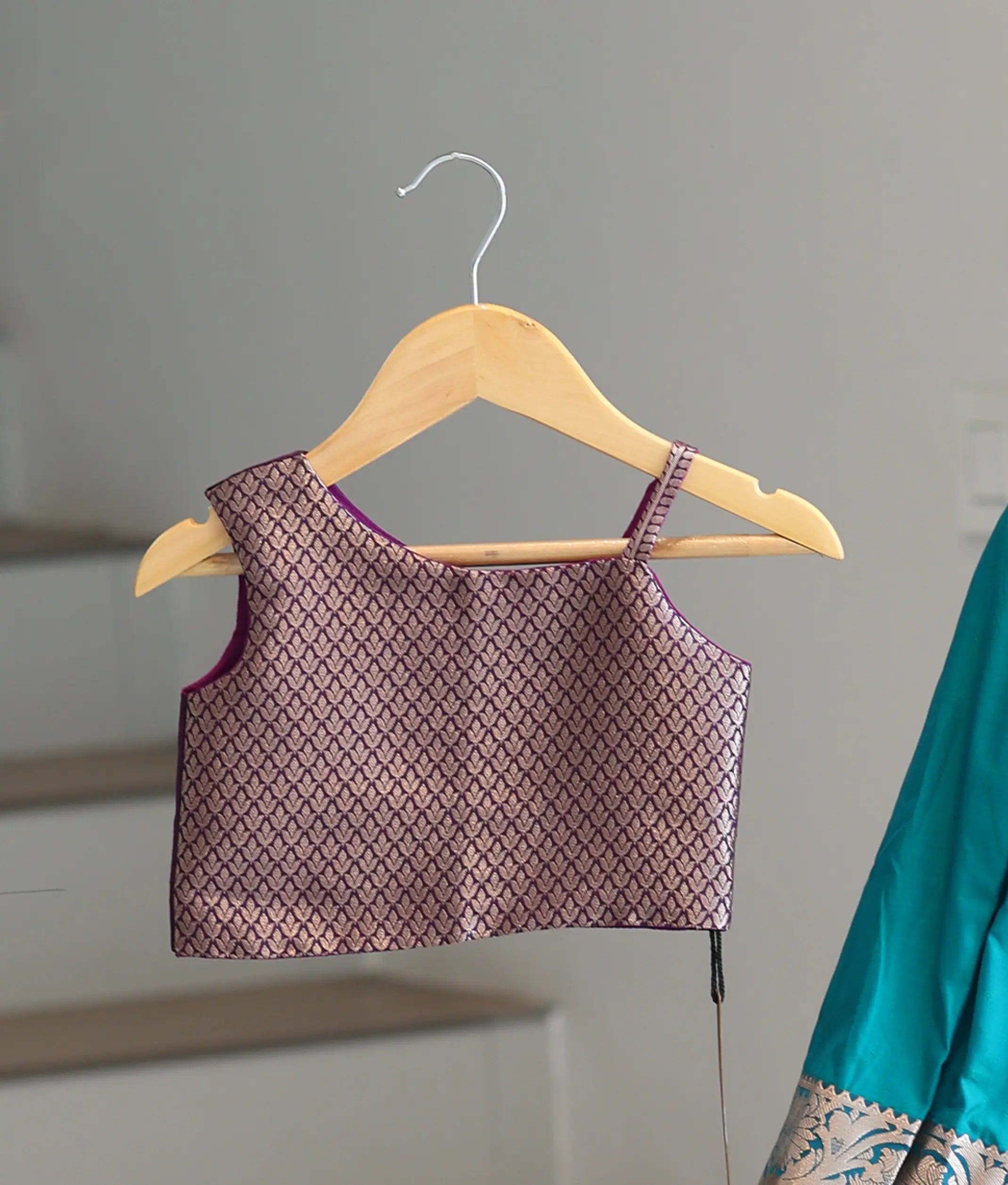 Teal Blue and Violet Kanchipuram Silk Skirt and Top for Baby Girl [6405A]